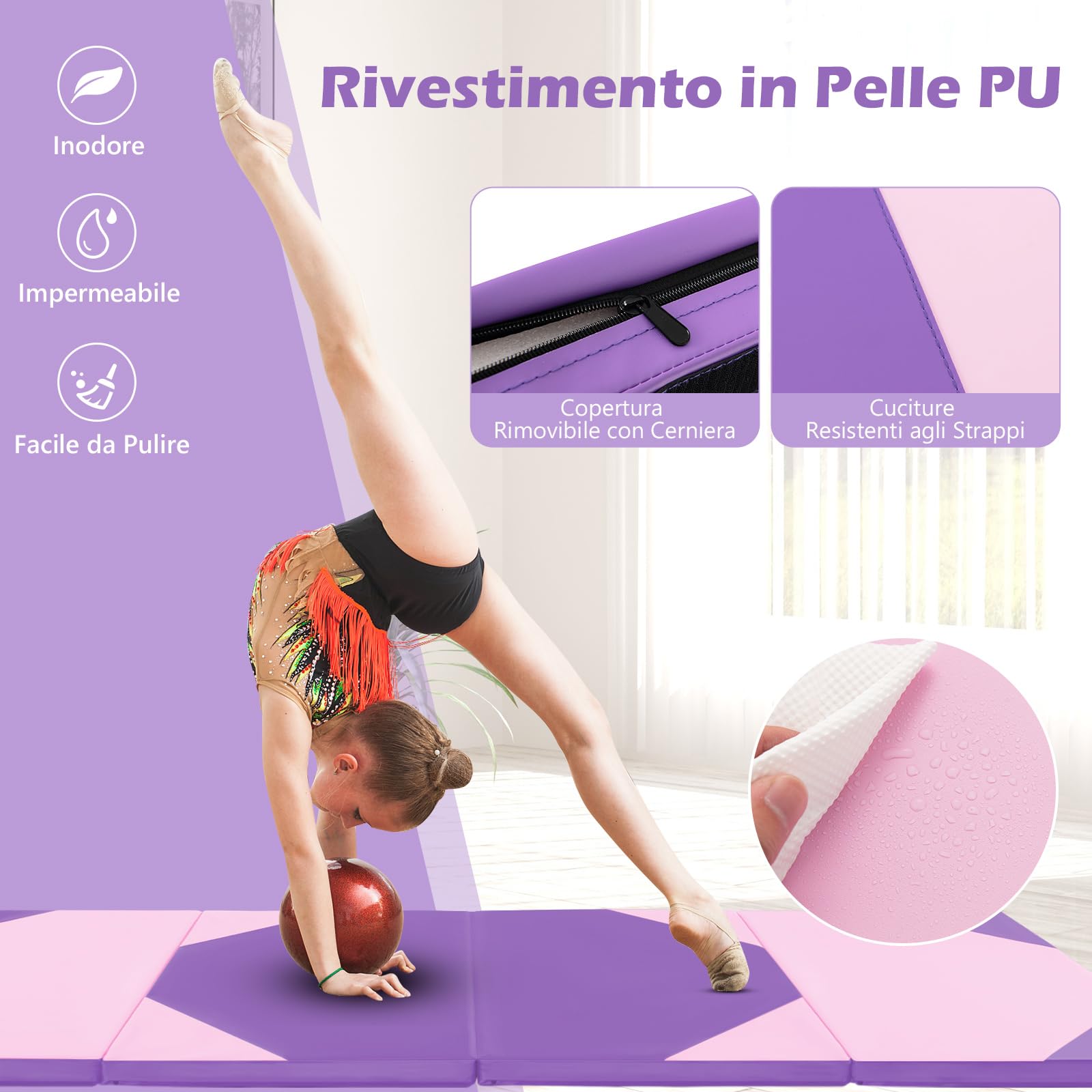 COSTWAY Tappetino Ginnastica Pieghevole 300 CM, Tappetino a 4 Pannelli in Similpelle con Gancio, Chiusure a Strappo e Maniglie per Ginnastica, Yoga e Allenamenti da Casa e Palestra