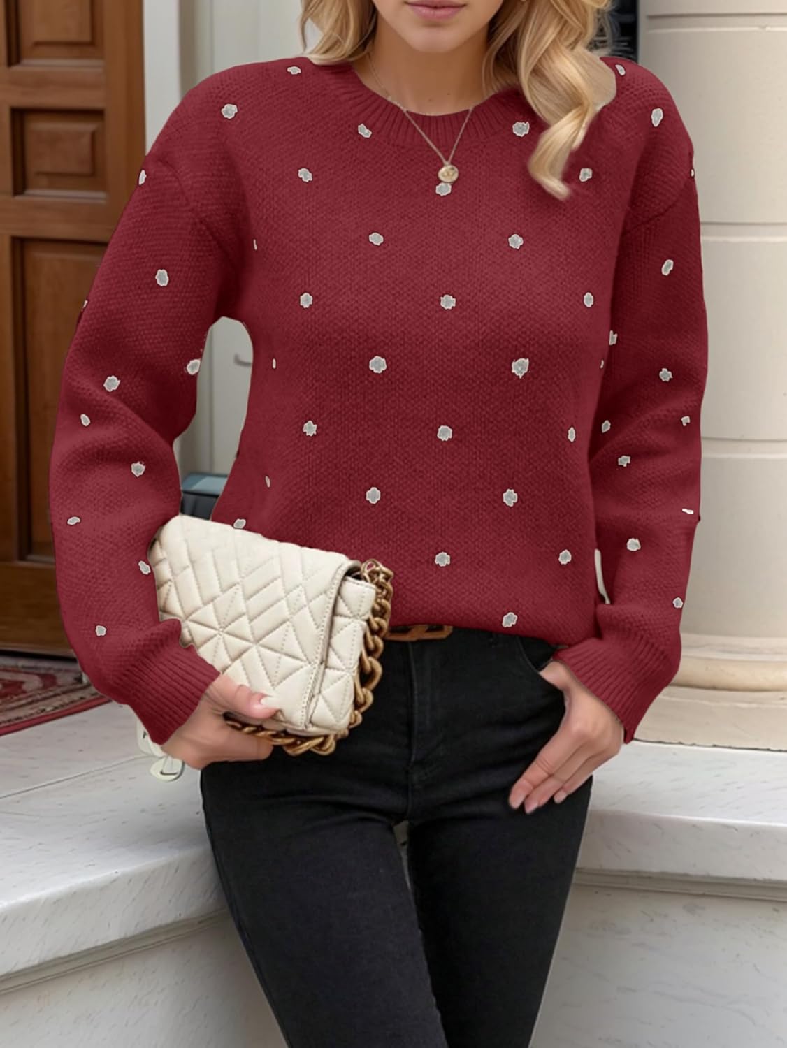 Sweaters for Women Polka Dot Sweater, Crewneck Long Sleeve Tops Fall Winter Casual Knitted Pullover - Image 6