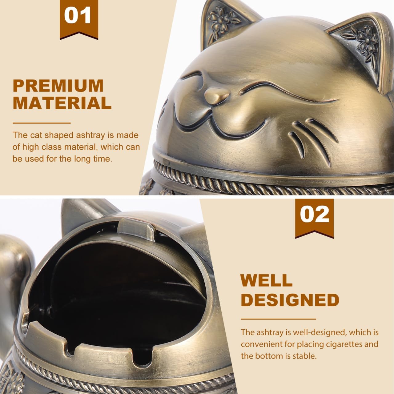 Windproof Vintage Cat Ashtray with Lid, Metal Portable Ash Tray Holder for Cigarette Cigar - Cute Retro Black Bronze Decor for Home Office Tabletop Patio