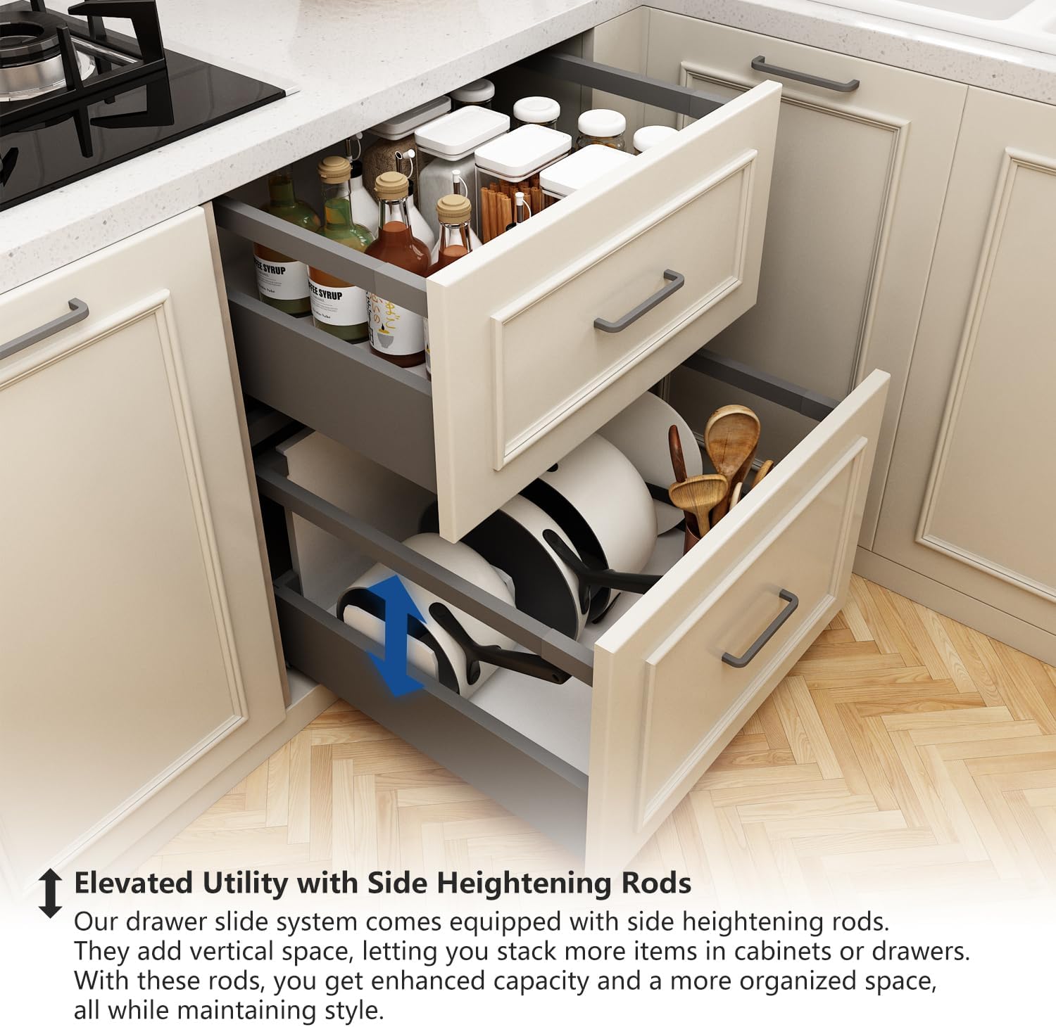 VADANIA Under-Mount Drawer Slide Set, 20-Inch Deep, with Side Panel & Heightening Rods, Hidden Design, Soft Close, Full-Extension, 1-Pair