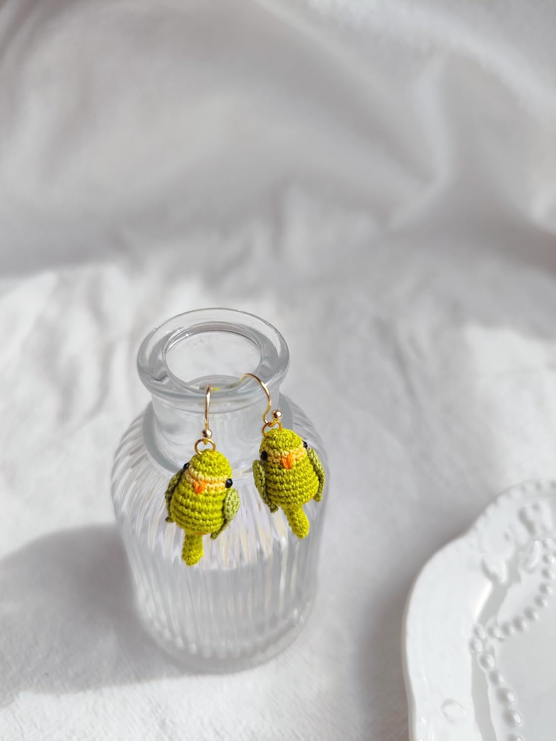 Hand-crocheted yellow and blue parrot earrings, miniature crocheted artistic cute playful parrot gifts accessories - Image 5