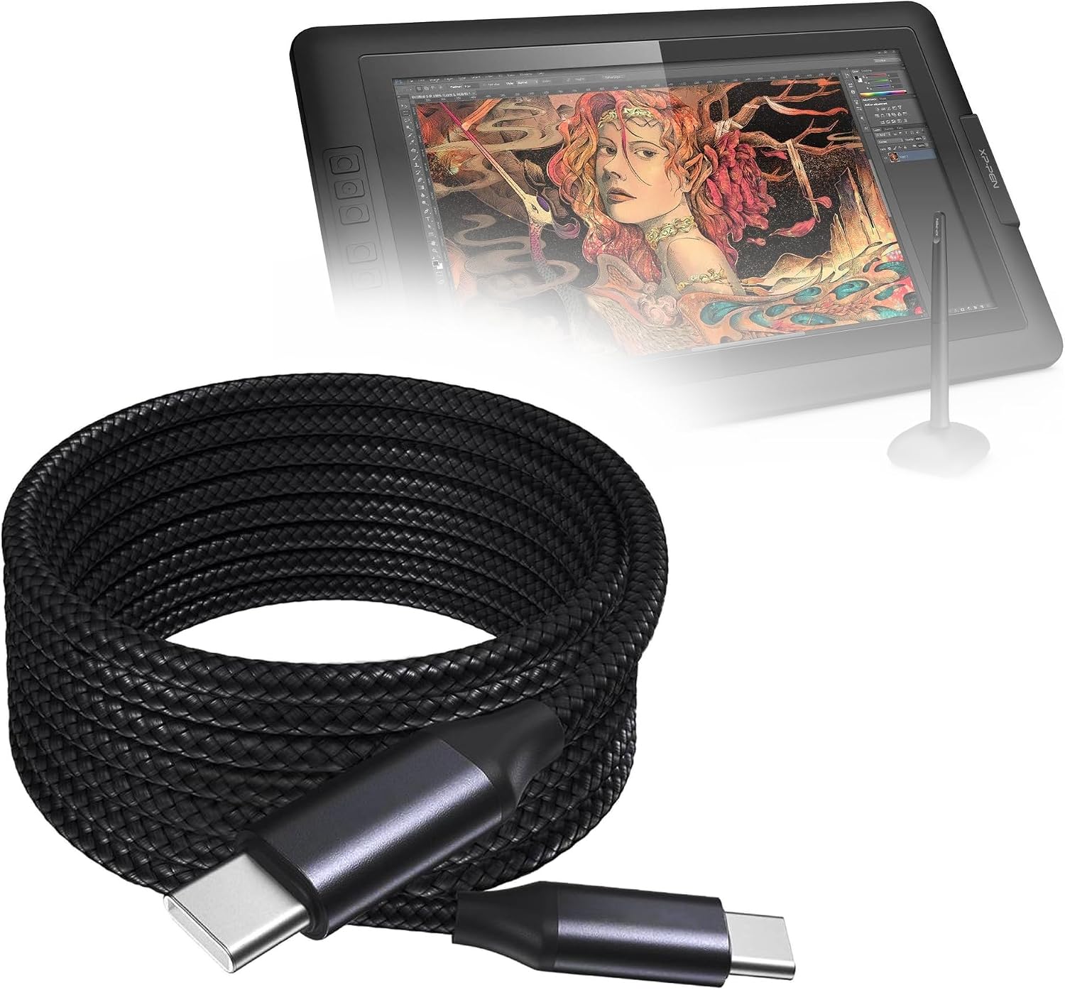 BoxWave Cable Compatible with XP-Pen Artist Display 15.6 - DirectSync PD Cable (10ft) - USB-C to USB-C (100W), Long Type C Braided Nylon Alloy Fast Charge - Jet Black
