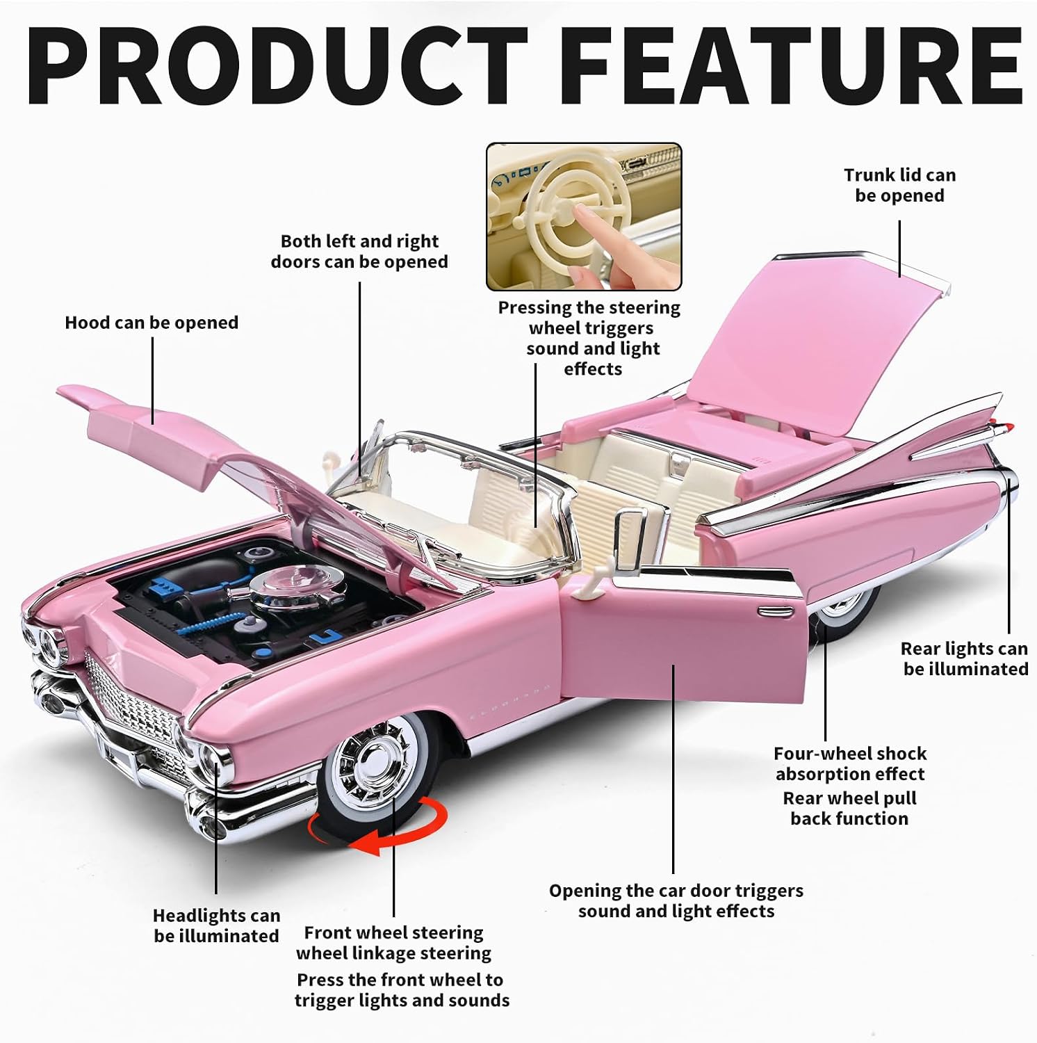 RZAPE Toy Car Models 1/24 Diecast Cars Eldorado Metal Model Cars Carros De Coleccion,Model Car Kits for Adults and Boys,Pull Back Car with Lights and Sounds,Toy Cars for Boys Age 4-7（Pink）