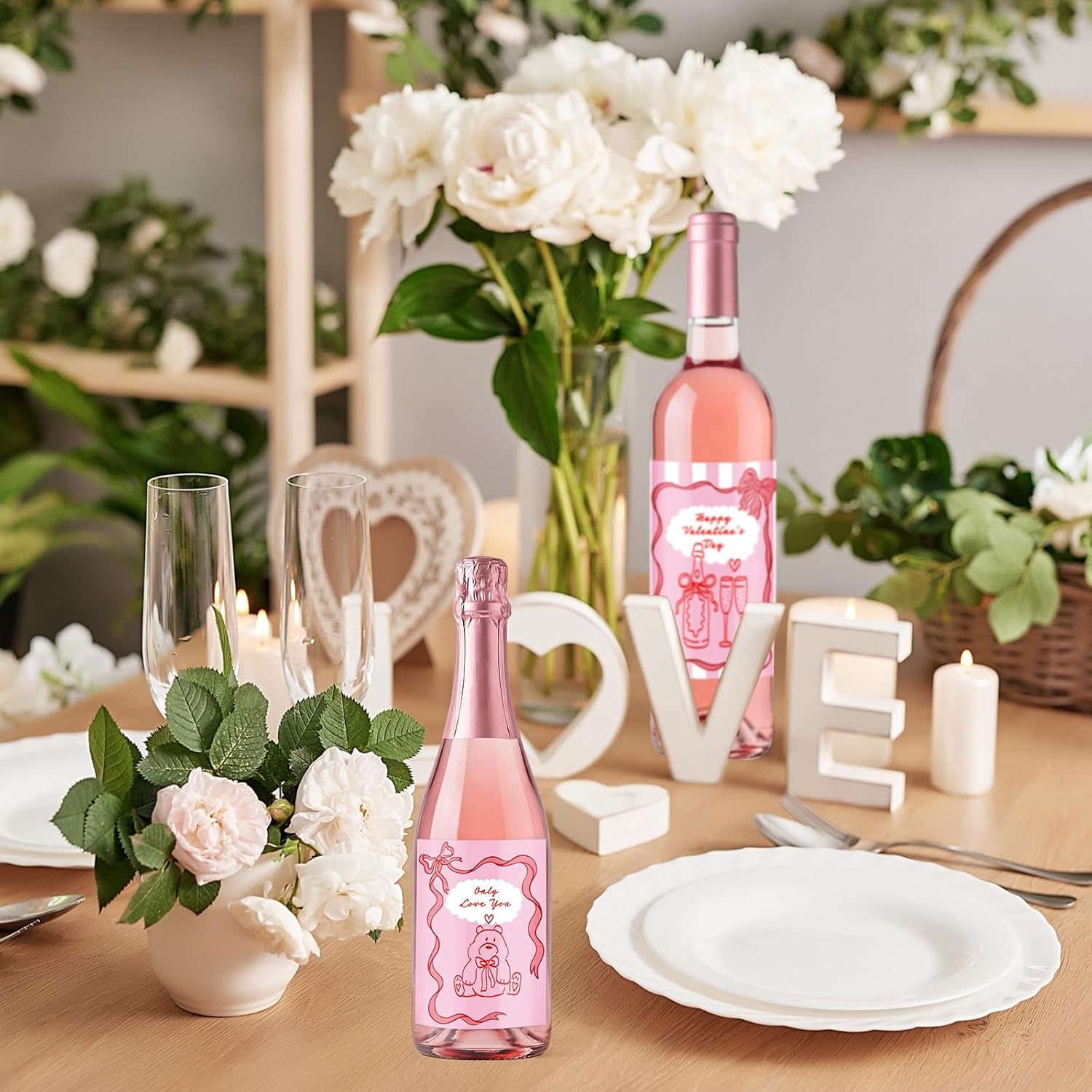 Epakh 8 Pcs Valentine's Day Wine Bottle Label Stickers Bulk Pink White Bottle Stickers Waterproof Be Mine Decals for Champagne Engagement Birthday Galentine's Day Party Decor Photo Prop, 4 Styles