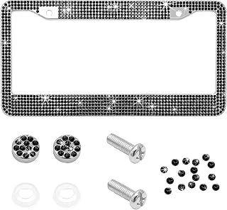 Bling Car License Plate Frame, Handcrafted Rhinestone License Plate Frame with Glitter Screw Caps, Sparkly Bedazzled Diamond Stainless Steel License Plate Holder for Women (Black)
