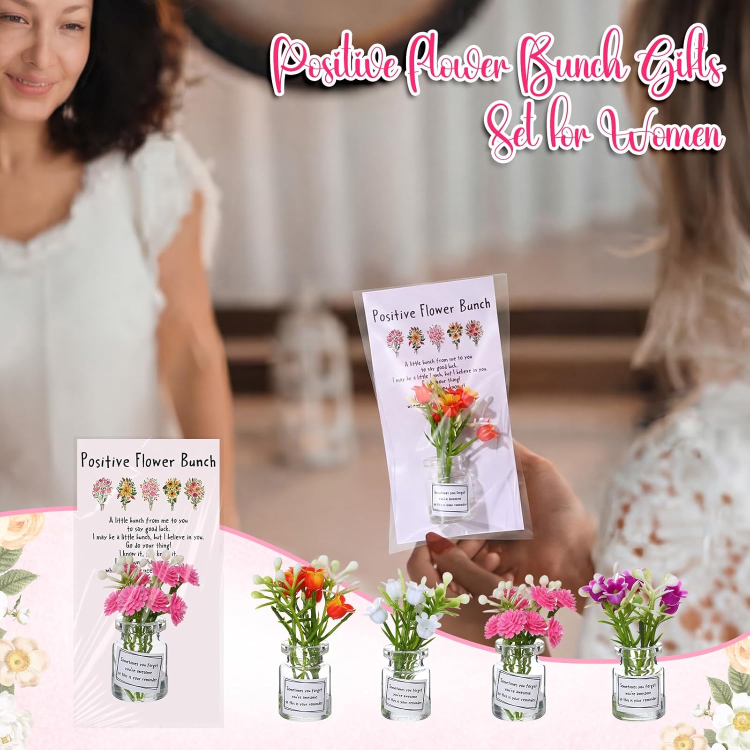 Xuhal 40 Sets Mothers Gift Set for Women Positive Mini Bud Vase with Flowers Positive Cards Motivational Office Desk Decor Gift for Mother Women Teacher Volunteer Employee Nurse Wedding