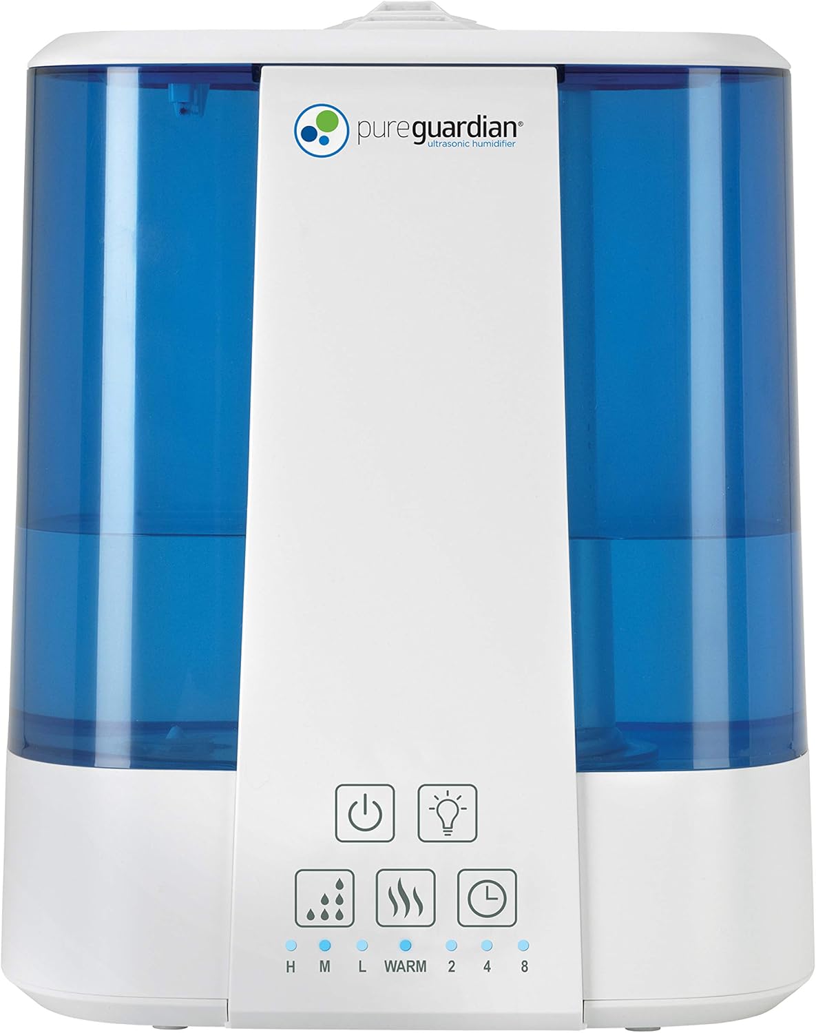 PureGuardian H5225WCA Ultrasonic Warm & Cool Mist Humidifier, 100 Hrs. Run Time, 2 Gal. Tank, 560 Sq. Ft. Coverage, Quiet, Filter Free, Silver Clean Treated Tank, Essential Oil Tray, White/Blue PureGuardian H5225WCA Ultrasonic Warm & Cool Mist Humidifier, 100 Hrs. Run Time, 2 Gal. Tank, 560 Sq. Ft. Coverage, Quiet, Filter Free, Silver Clean Treated Tank, Essential Oil Tray, White/Blue