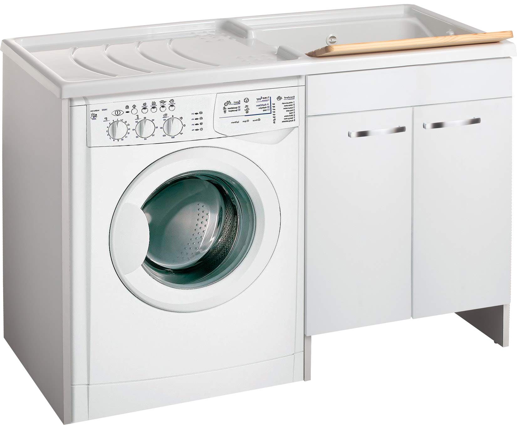 Negrari Classica Lavatoio Coprilavatrice Montato Vasca Destra Lavatrice Sinistra Bianco Anta Battente Cerniere Chiusura Rallentata Mobile Lavabo Polipropilene Asse Pino Interno L124 P60 124x60 H92 cm