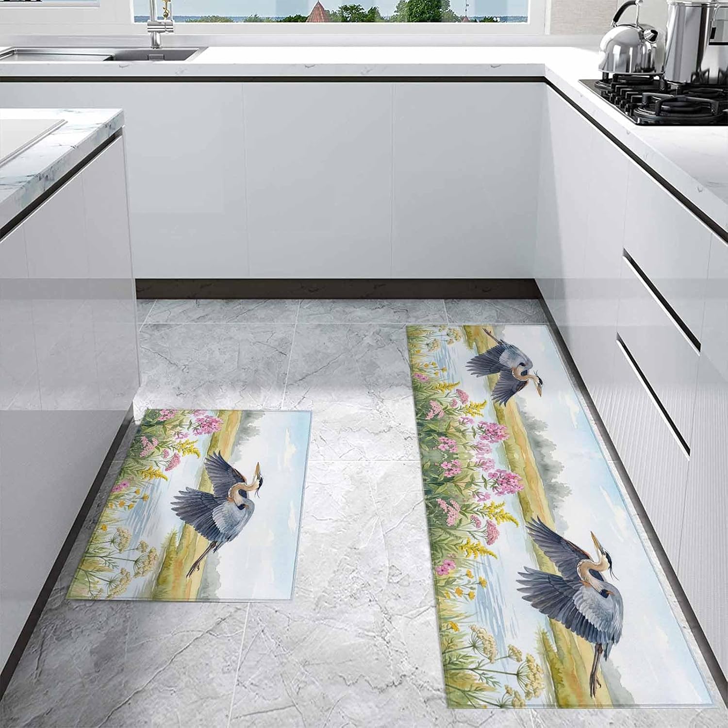 Kitchen Mats for Floor Natural Flying Heron Flower Lake Washable Non Slip Kitchen Rugs 2PCS, Watercolor Wetland Scene Absorbent Standing Mats for Sink Office Living Room 15.7x23.6in+15.7x47.2in