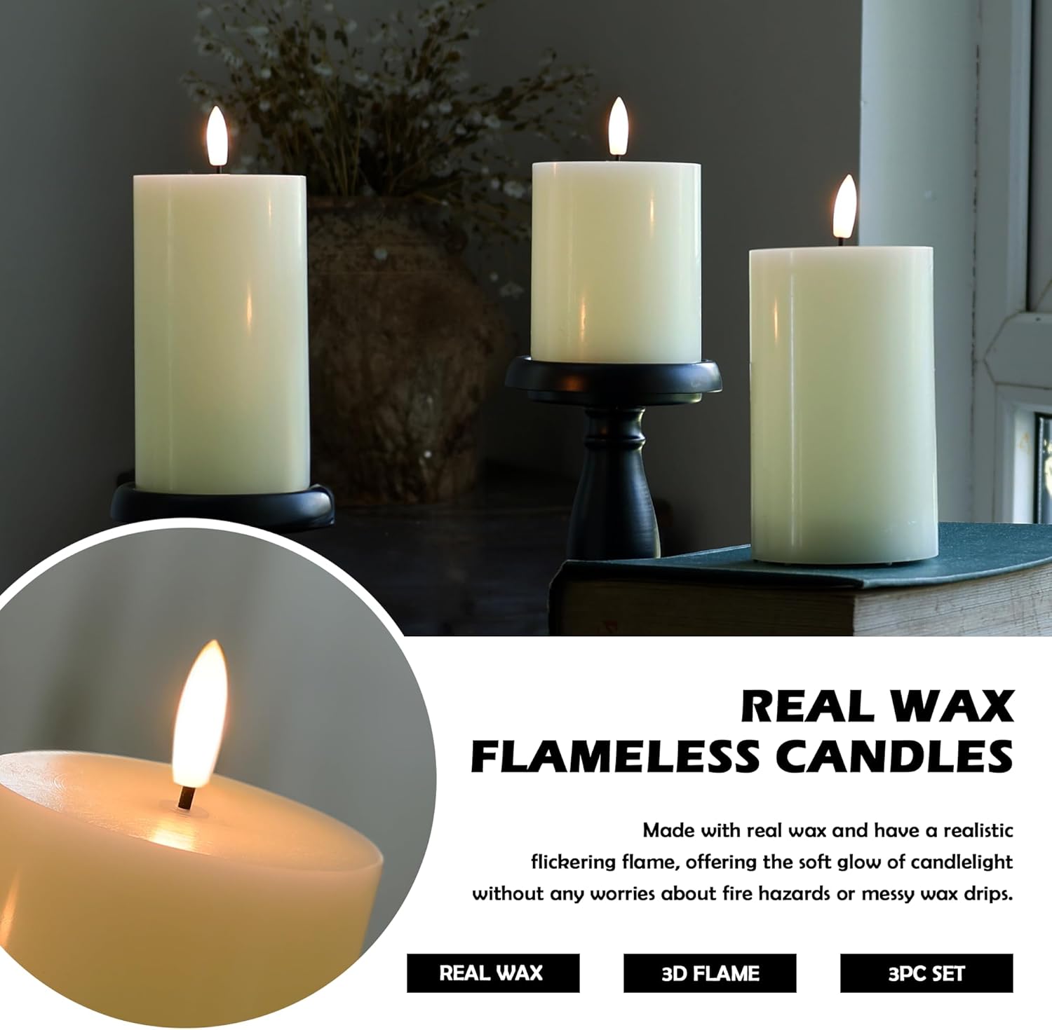 JOIONE Flameless Pillar Candles with Remote, 3 Pack Battery Operated Real Wax LED Candles, Perfect for Home Decorations Fireplace Table, Ivory