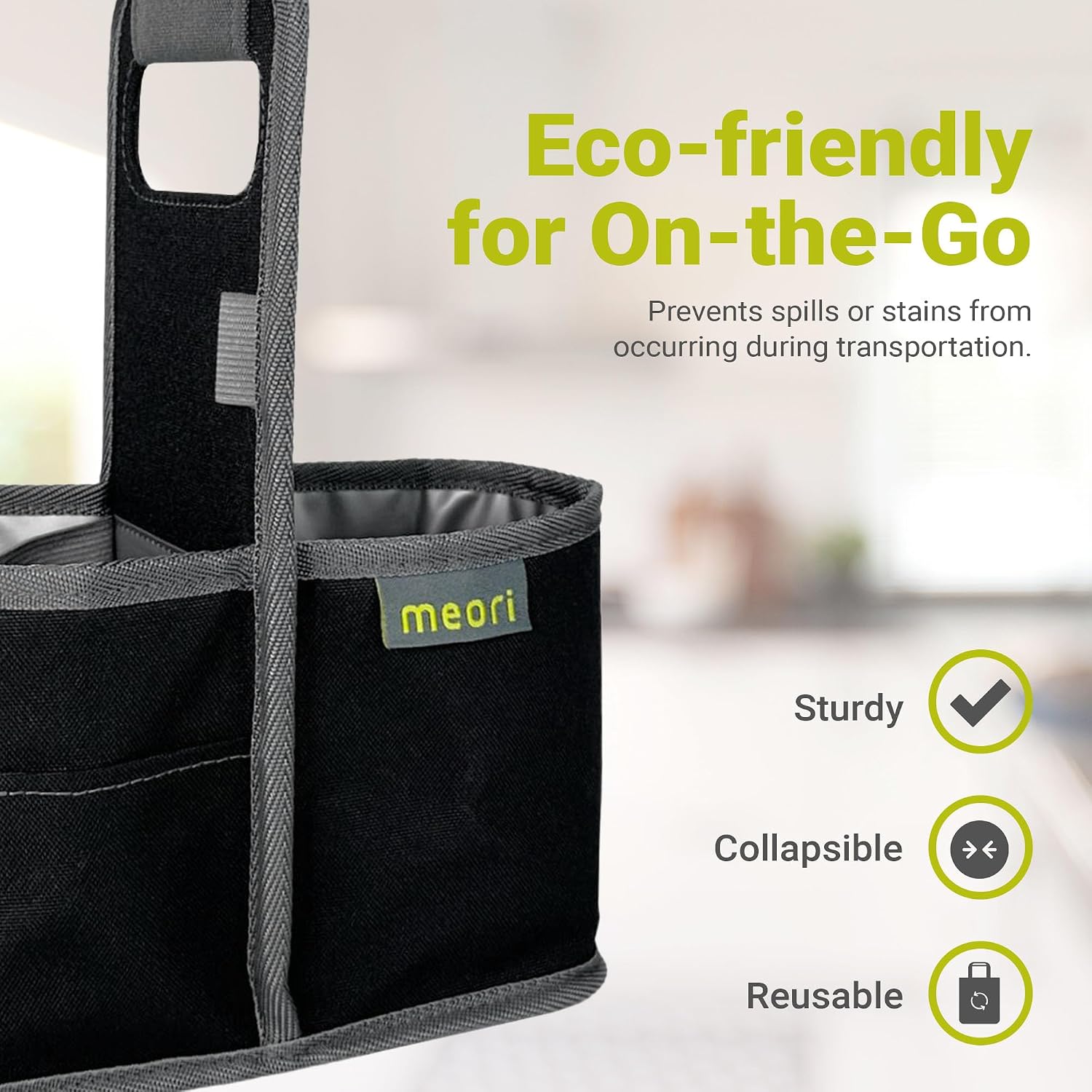 meori Reusable Drink Carrier 2 Cup, Take Out Cup Carrier, Collapsible, Coffee Carrier with Handle Wine, Cocktails, Portable Drink Caddy