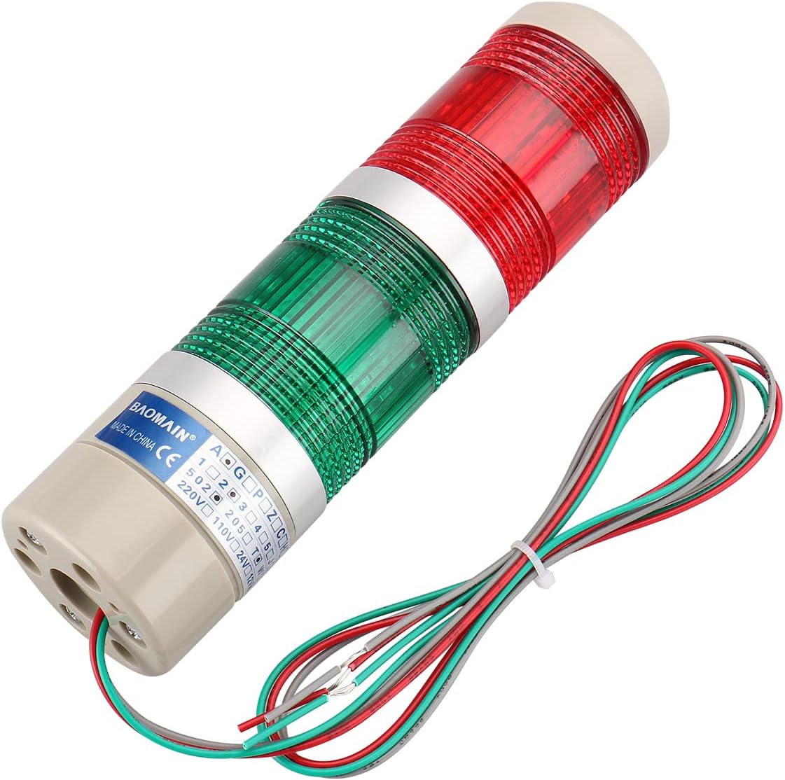 Baomain Industrial Signal Light Column LED Round Tower Light Indicator Continuous Light LTA-502T Warning Light Red Green DC 24V