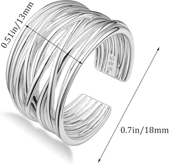 Chunky Silver Overlapping Band Stackable Thumb Open Ring Cool Handmade Adjustable Rings for Women Men