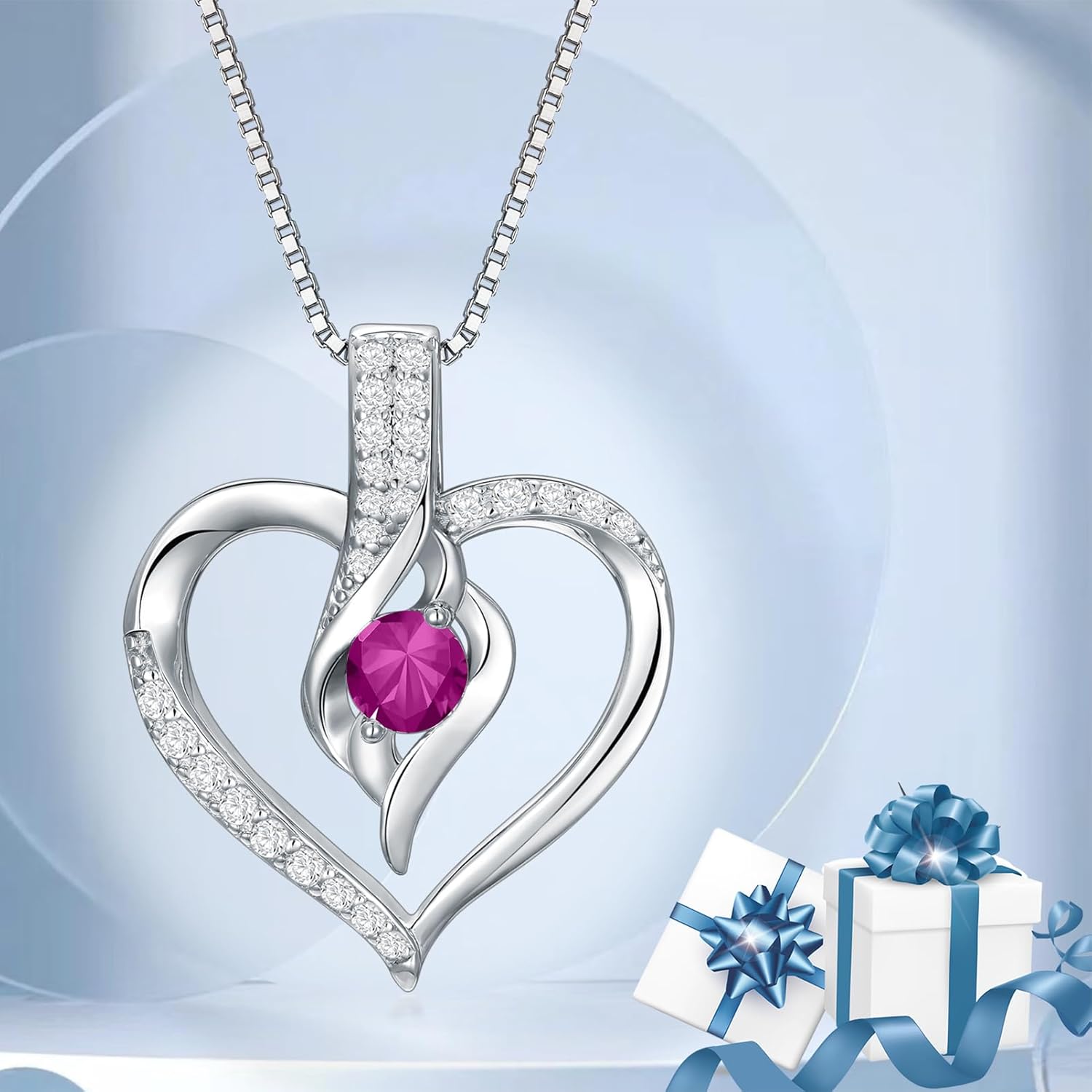 Birthstone Necklace Gifts for Women, 18K Gold-plated Sterling Silver Love Heart Necklace Durable Box Chain Women Jewelry Gifts for Her 20"