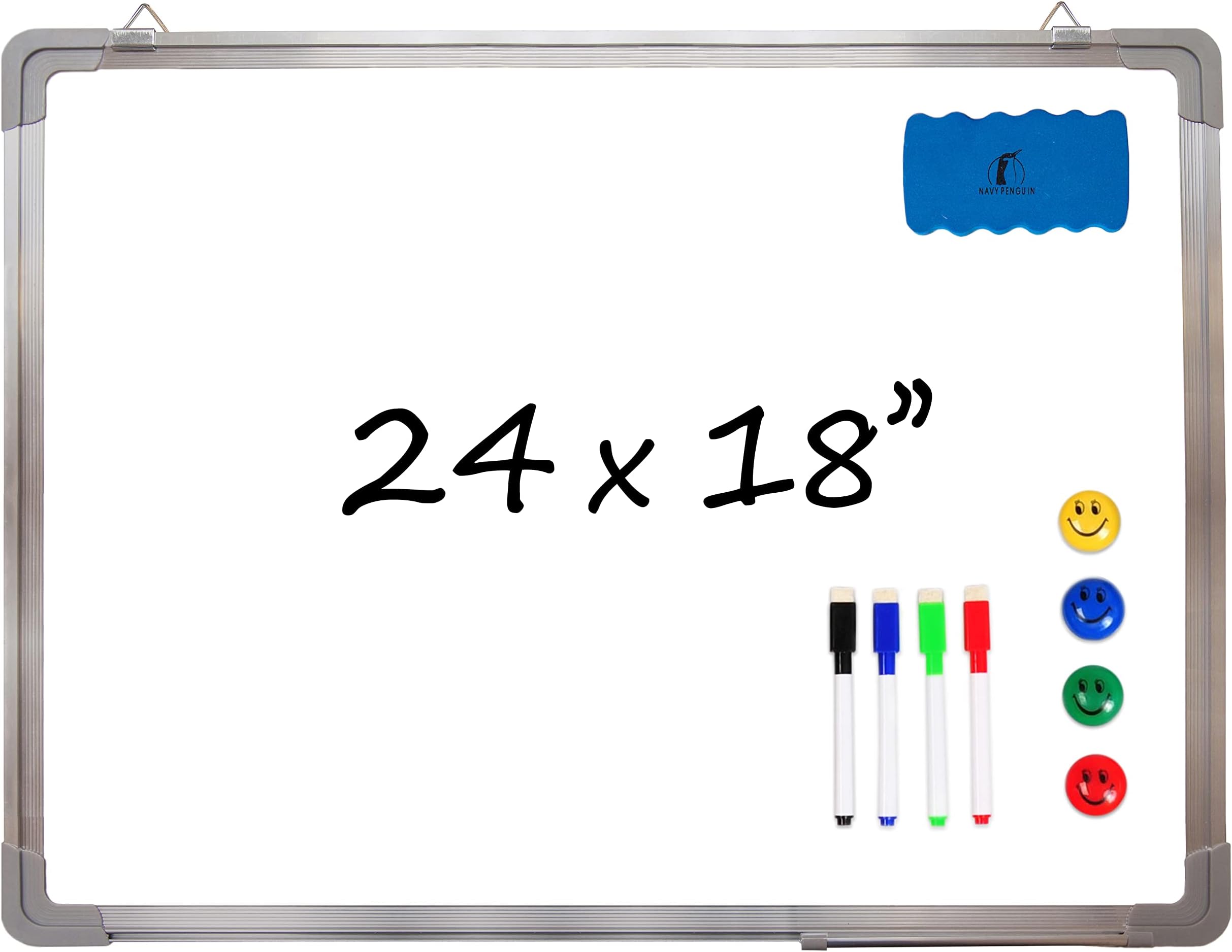 Whiteboard Set - Dry Erase Board 24 x 18 in with 1 Magnetic Dry Eraser, 4 Drywipe Markers and 4 Magnets - Small White Hanging Message Scoreboard for Home and Office (24x18 in)