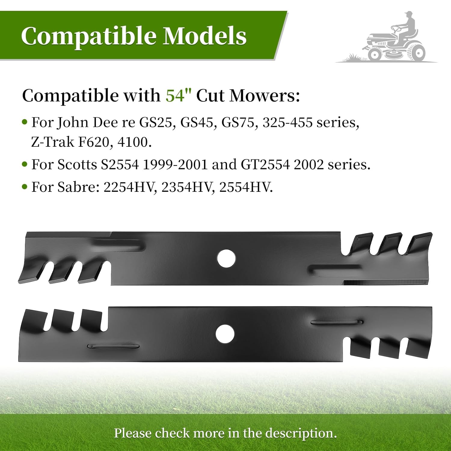 M115496 Mulching Blades Fit for John Dee re 54" Decks, GY20569 Toothed Mower Blades for JD 345 325 335, Scotts GT2554 S2554 Tractor, Replace M111523, M113518, M115329, 3 Pack