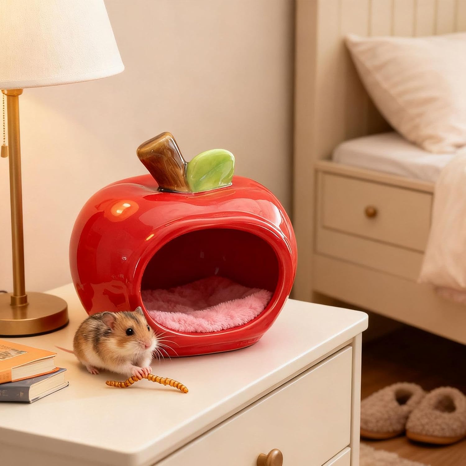 Ceramic Hamster Bowl and Hideout Cave, Creative Outdoor Hamster Nest for Small Pets, Small Animal Habitat Décor- Red