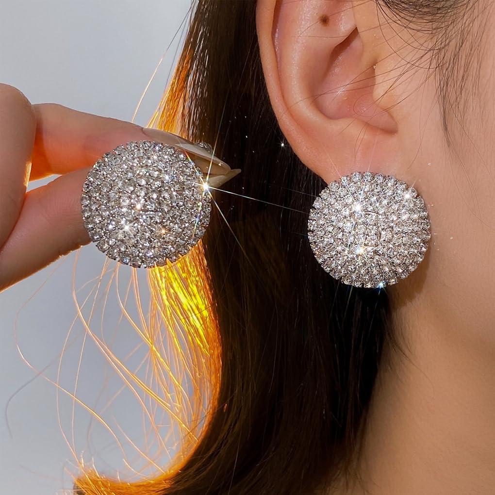 Sparkly Chunky Round Rhinestone Earrings for Women,Charm Large Silver Crystal Circle Dangle Earrings,Bridal Wedding Jewelry Accessories - Image 2