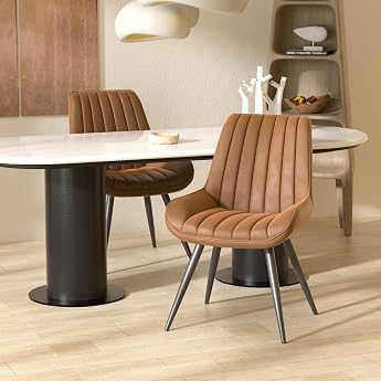 Hawthyhome Dining Room Chairs Set of 2 Upholstered Chairs with 10 cm Thick Seat Cushion Artificial Fabric Dining Chair Kitchen Chair with Backrest Modern Armchair Metal Legs Brown