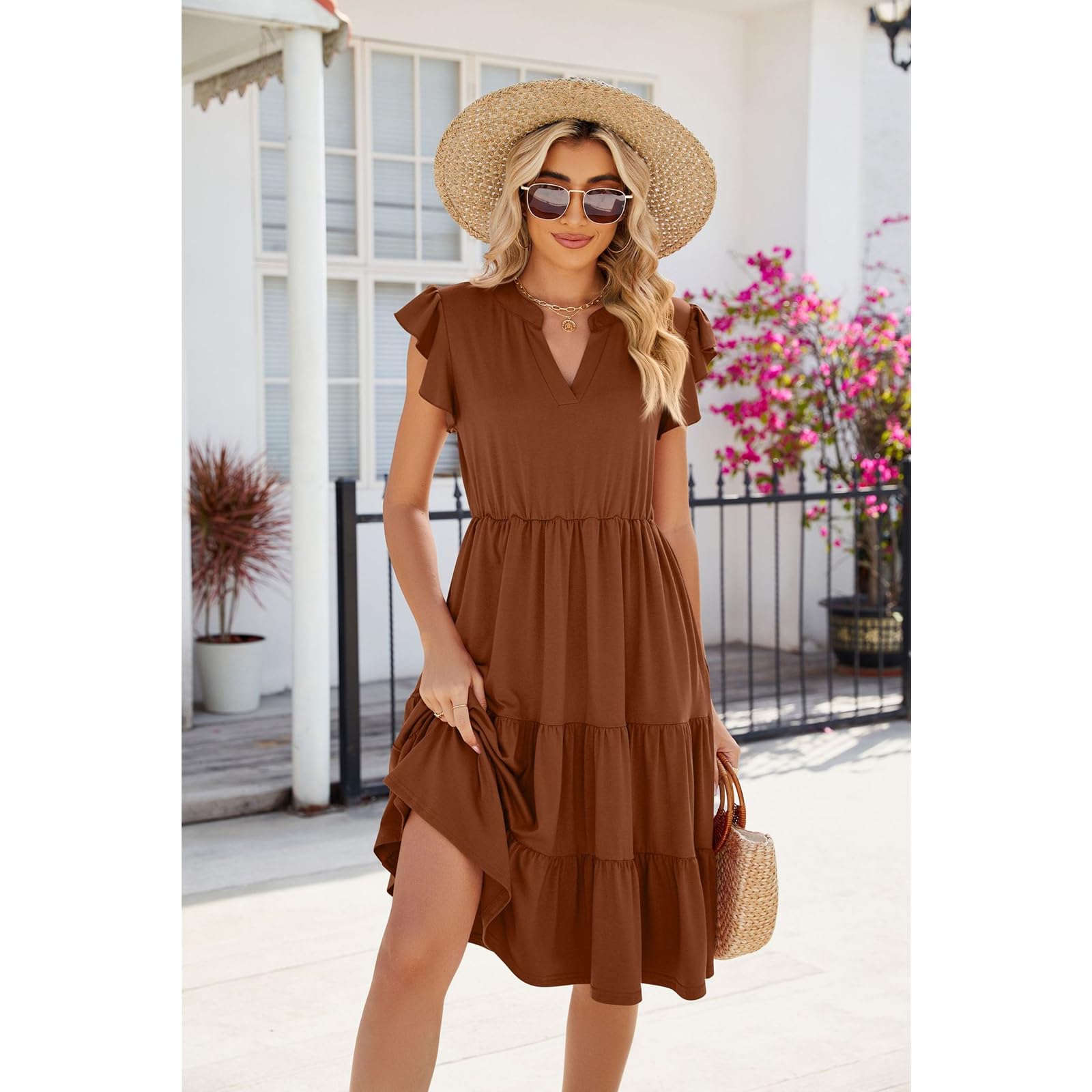 Vestidos de Verano Mujeres Vestidos Casuales de Manga Corta de Cuello V de Verano Vestidos de Fiesta Midi Vestidos de Fiesta Mujeres Vacaciones Playa Vestidos de Sol Casuales Vestidos Relajados, HUT