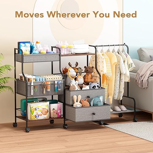 Miniatura 4 de BBLIKE Organizador de pañales con estante para colgar, carrito utilitario rodante de 3 niveles con cajones y divisores para almacenamiento