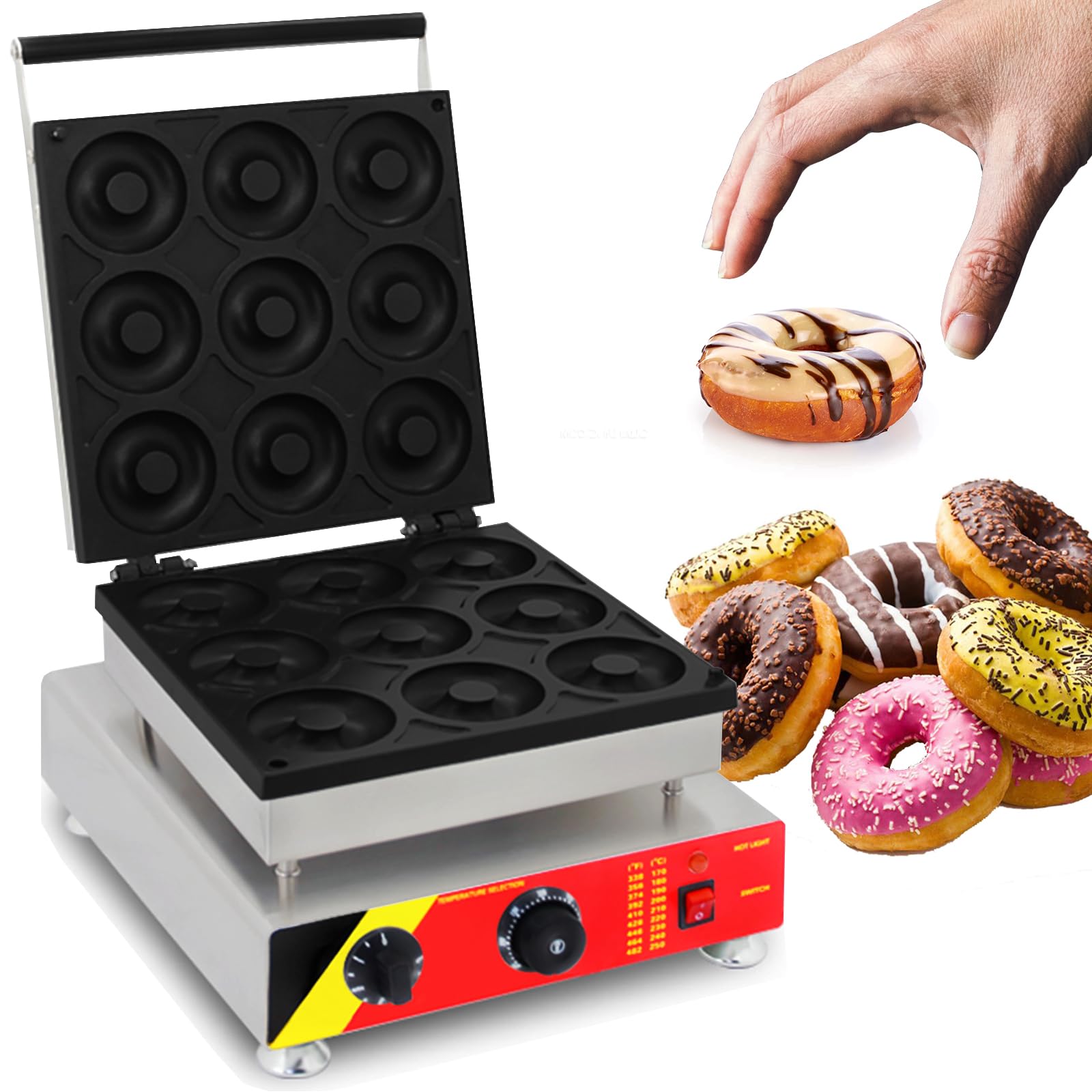Electric Donut Maker Commercial 9 Holes Doughnut Machine Mini Donuts Maker with Cool Touch Handle Non-Stick Coating for Bakeries Snack Bars Restaurant,2200W, 110V