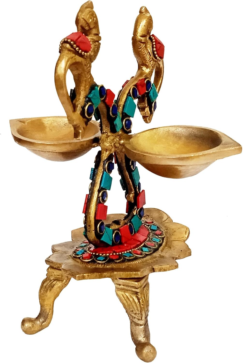 Purpledip Brass Kuthu Vilakku Inauguration Oil Lamp with Magnificent Stonework: Peacock Design Lamp with 2 Diyas (12651)