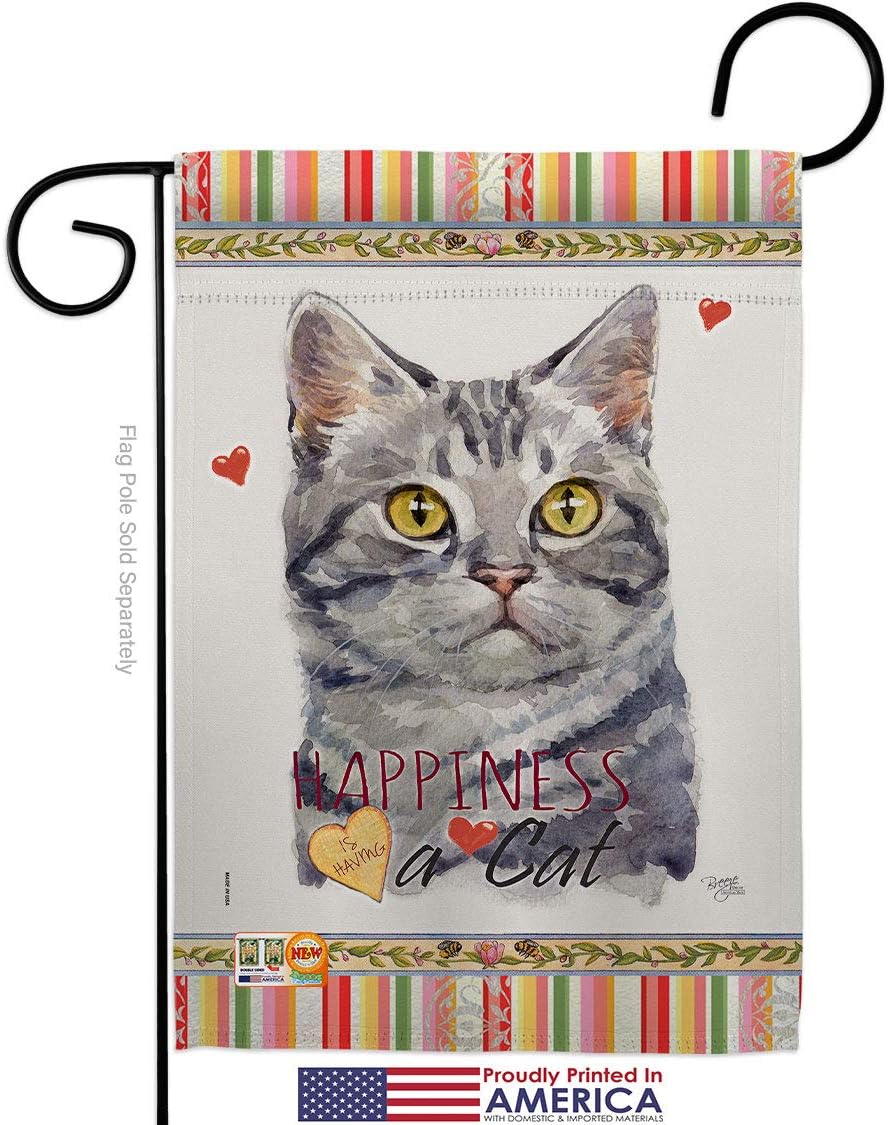 Red American Short Hair Happiness Garden Flag Set Wood Dowel Animals Cat Kitten Meow Spoiled Paw Fur Pet Nature Farm Animal Creature Small Gift Yard House Banner Made In USA 13 X 18.5