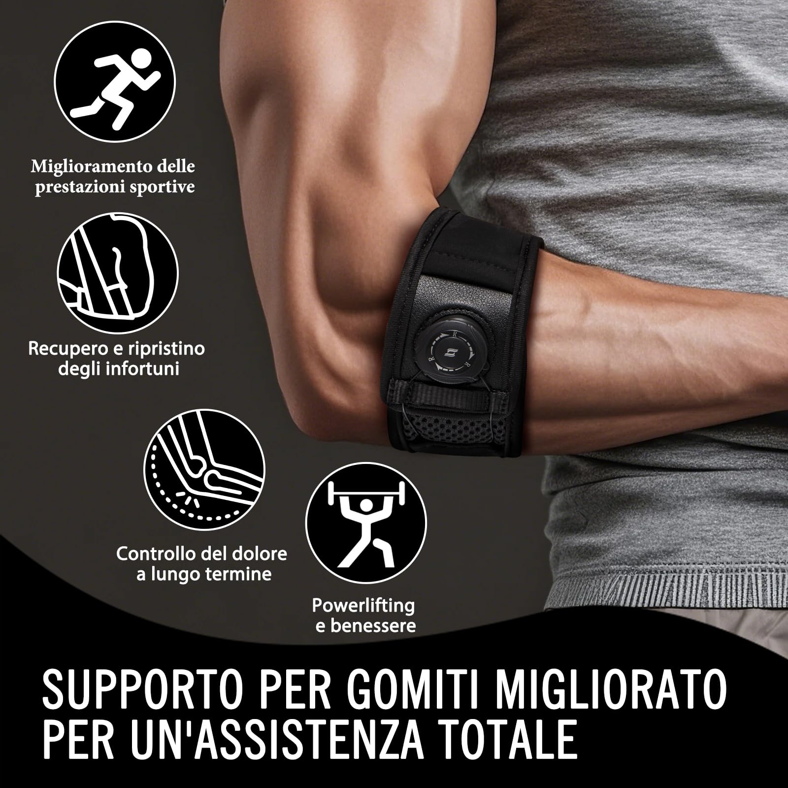 Tutore Epicondilite Gomito e Gomitiera per Epicondilite, Fascia Regolabile per Uomo e Donna, Supporto per Tennis Elbow e Tendinite (Nero, Taglia Unica Standard) 23-29 cm