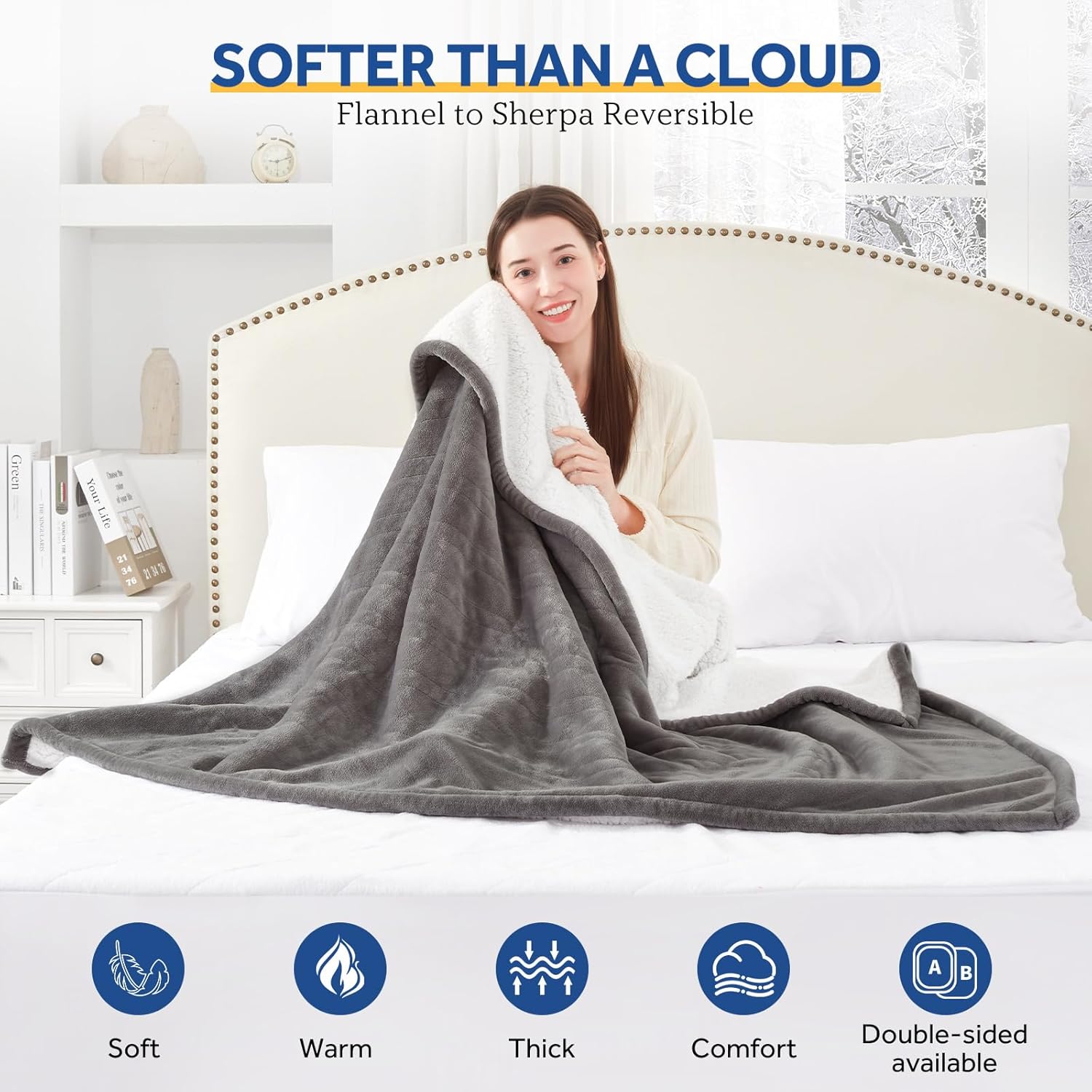 Sealy Heated Blanket Throw with Built-in Button Controller, Reversible Flannel to Sherpa Electric Blanket with 2-10 Hours Auto-Off & 4 Heating Levels, Over-Heat Protection, 50x60 inch, Light Grey - Image 4