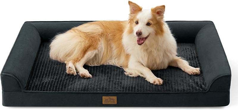 COZY KISS Orthopedic Dog Bed for Extra Large Dogs, U Shaped XL 44x32 inch | Non-Slip Soft Warm Pet Sofa with Bolster Side, Washable Removable Waterproof Cover, Couch with Portable Handle, Black