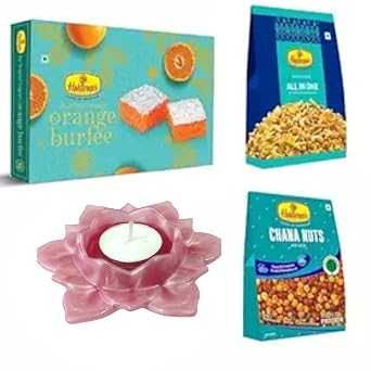 Haldirams Nagpur Orange Burfee 500 Grams, Chana Nuts200 gm,All in One200 gm with Large Diya