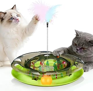 Interaktives Katzenspielzeug 3-in-1, Katzen Intelligenzspielzeug mit Federstab & Kugelbahn,Fummelbrett für Intelligenztraining und Beschäftigung, Katzenspielzeug Selbstbeschäftigung