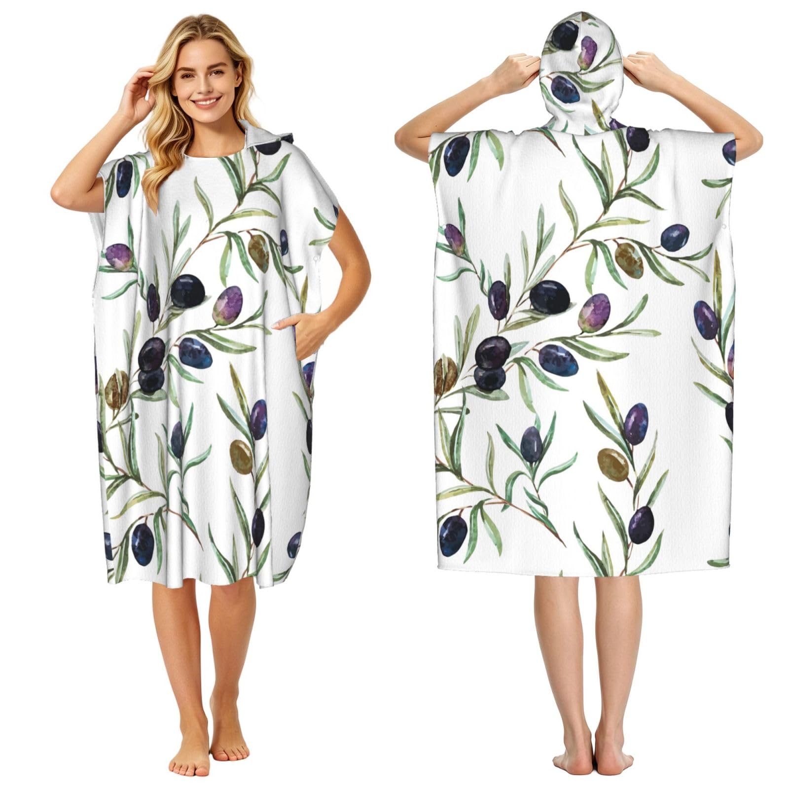 Poadnly Watercolor Olive, Adult Hooded Beach Towel 90 x 110 cm,Changing Bath Robe, Surf Poncho Towel For Women Men