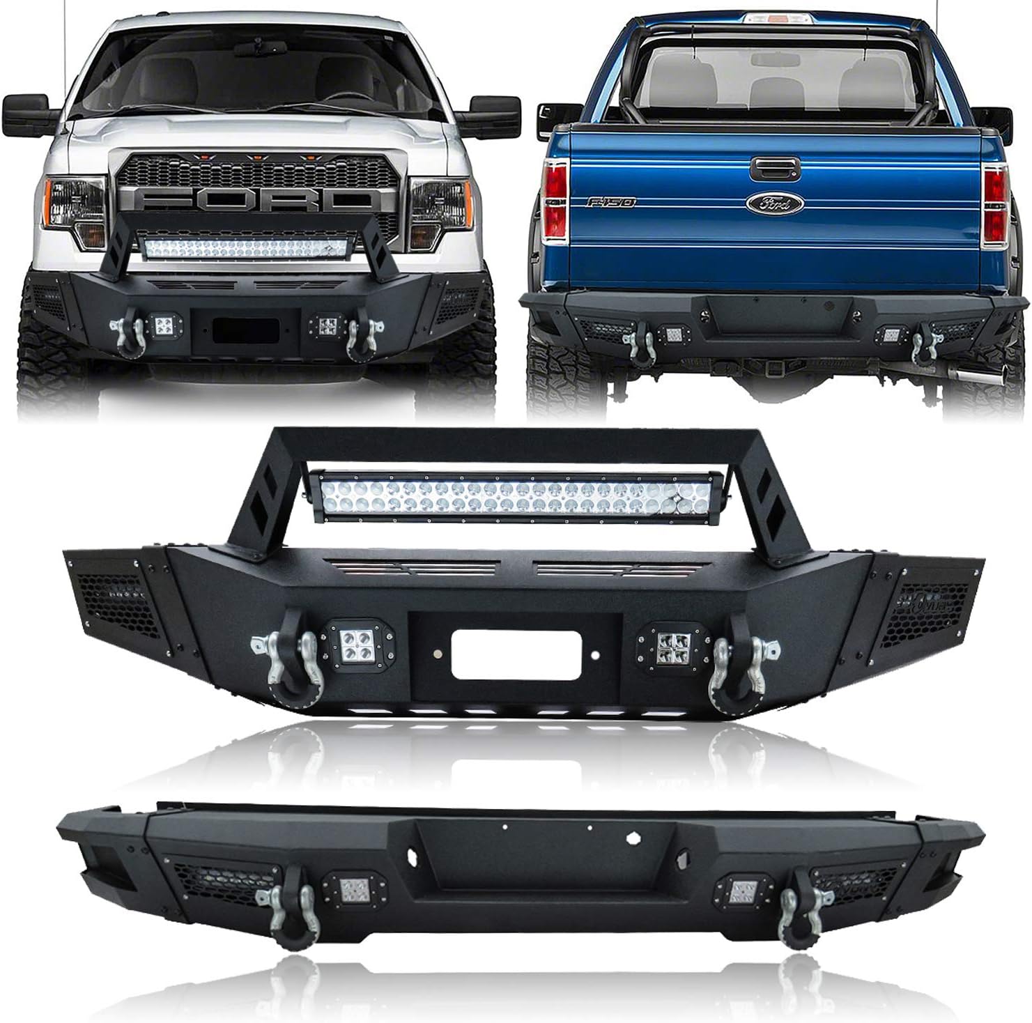 Tioyar Front and Rear Bumper Texture Black fit 09-14 Ford F-150 with 9 LED Lights and Winch Plate (Excluding Raptor)