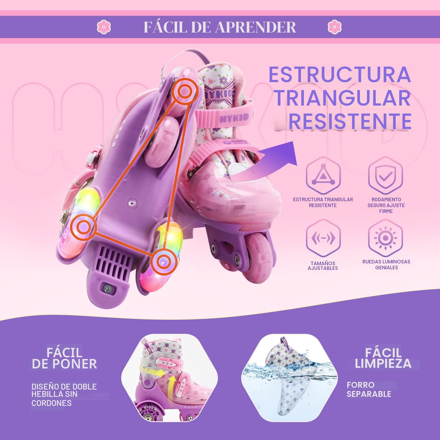 Patines 4 Ruedas Niña, 4 Tallas Ajustables 3-8 Años, Unicornios para Niñas Construcción de 3 Puntos Estable y Segura,Patines para Niños Principiantes Patinete