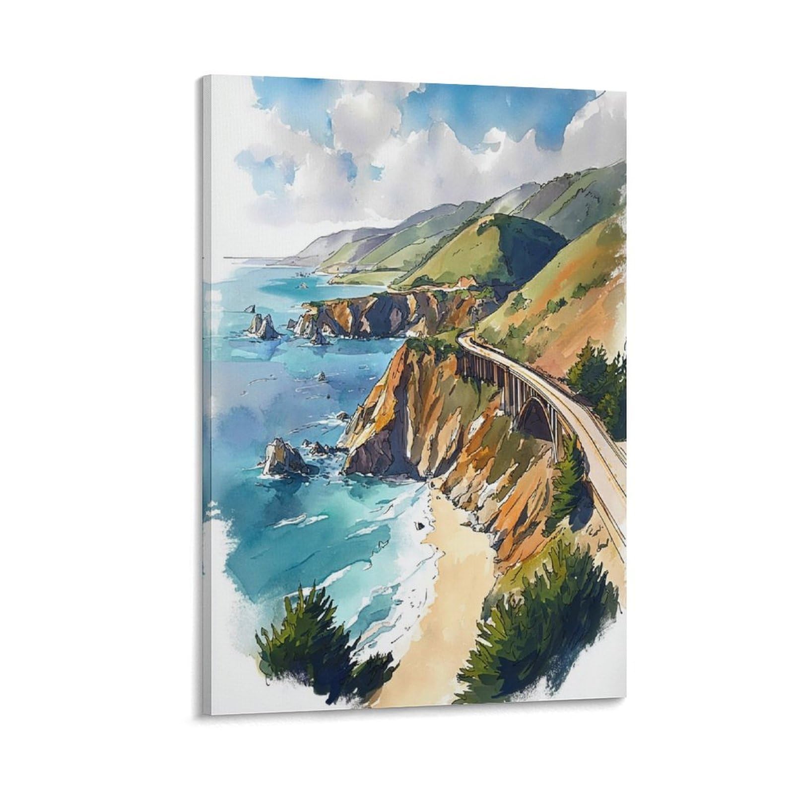 LCYNNH Big Sur Watercolor Painting California Coast Travel Poster 24x36inch(60x90cm) Print Home Bedroom Office Living Room Decor Canvas