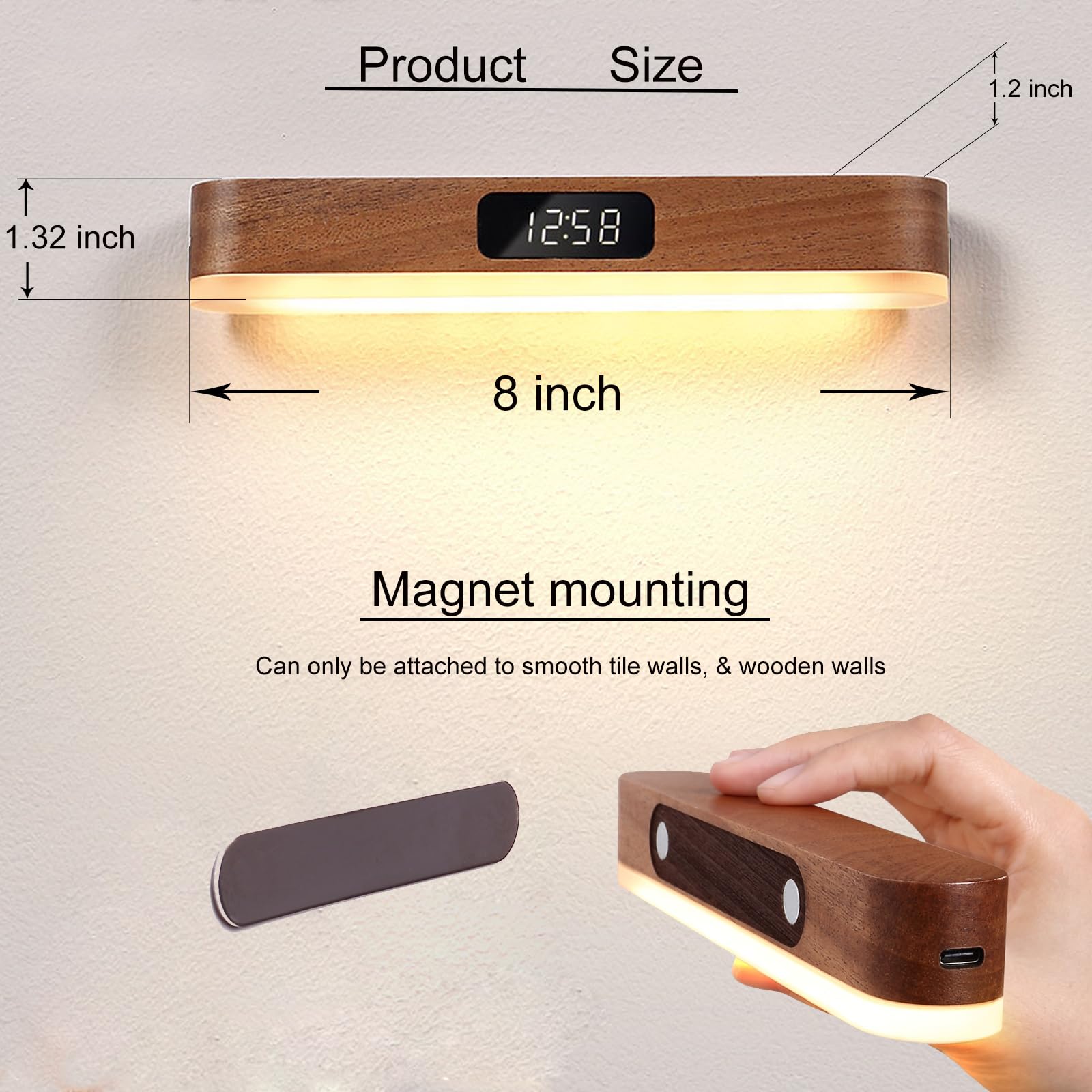 Wooden Wall Sconce Under Cabinet Lighting, Rechargeable Magnetic Wall Night Light Led Light Bar with Remote Control, Wall Strip Lights Steplessly Dimmable Lights for Closet Bathroom Bedroom