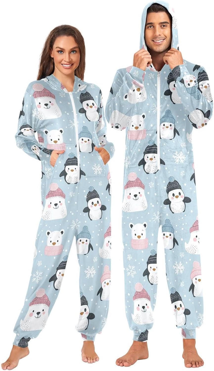 ZZKKO Polar Bear Penguin Wearing Hat Adult Onesie Pajamas for Women Men Cozy One Piece Pajamas Costume Zip-Up Hooded S-XL