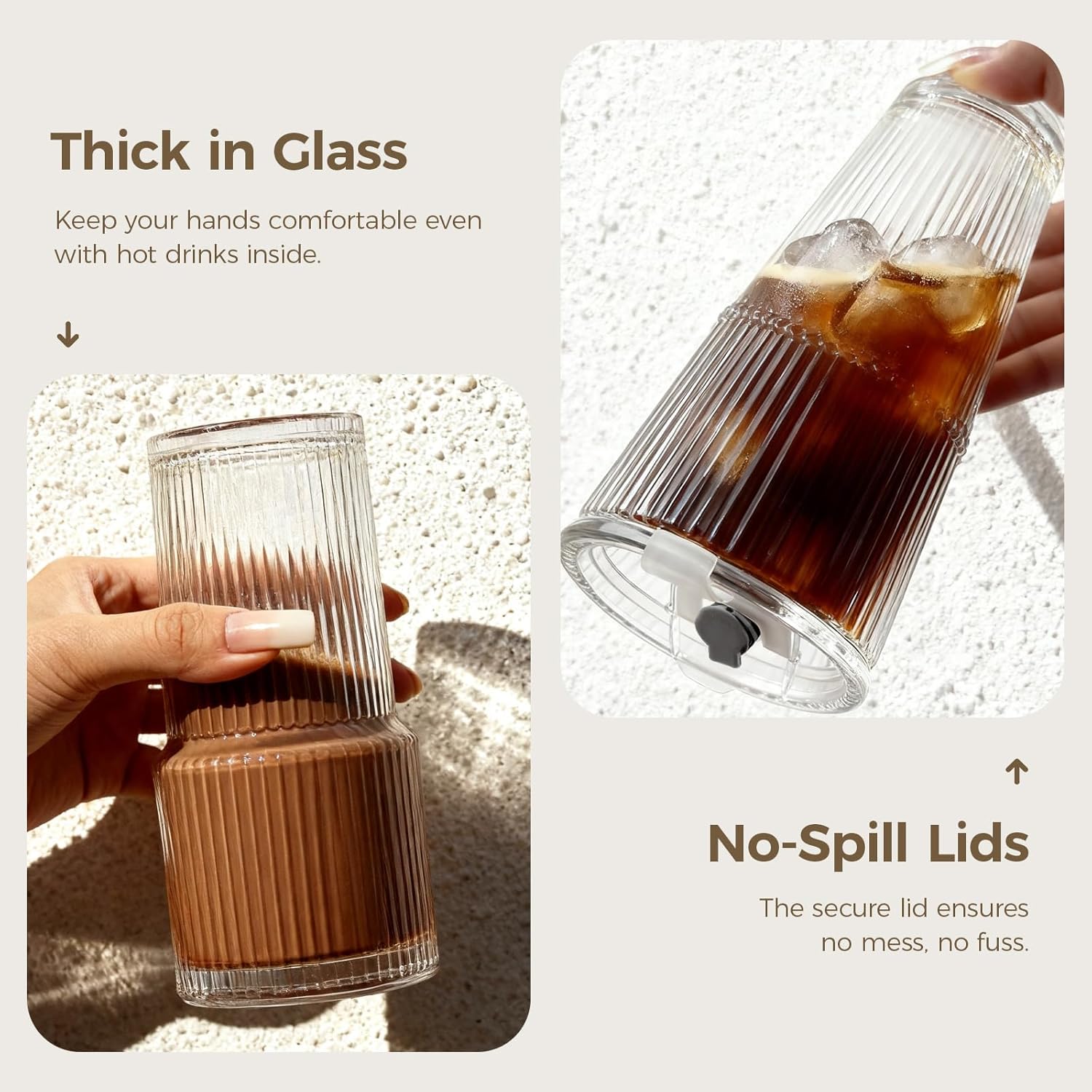 18oz Ribbed Glass Tumbler with Lids & Straws, Set of 2 -Vintage Ribbed Iced Coffee Cups, Reusable Smoothie & Cocktail Drinking Glasses - Perfect for Daily Use & Travel - Image 5