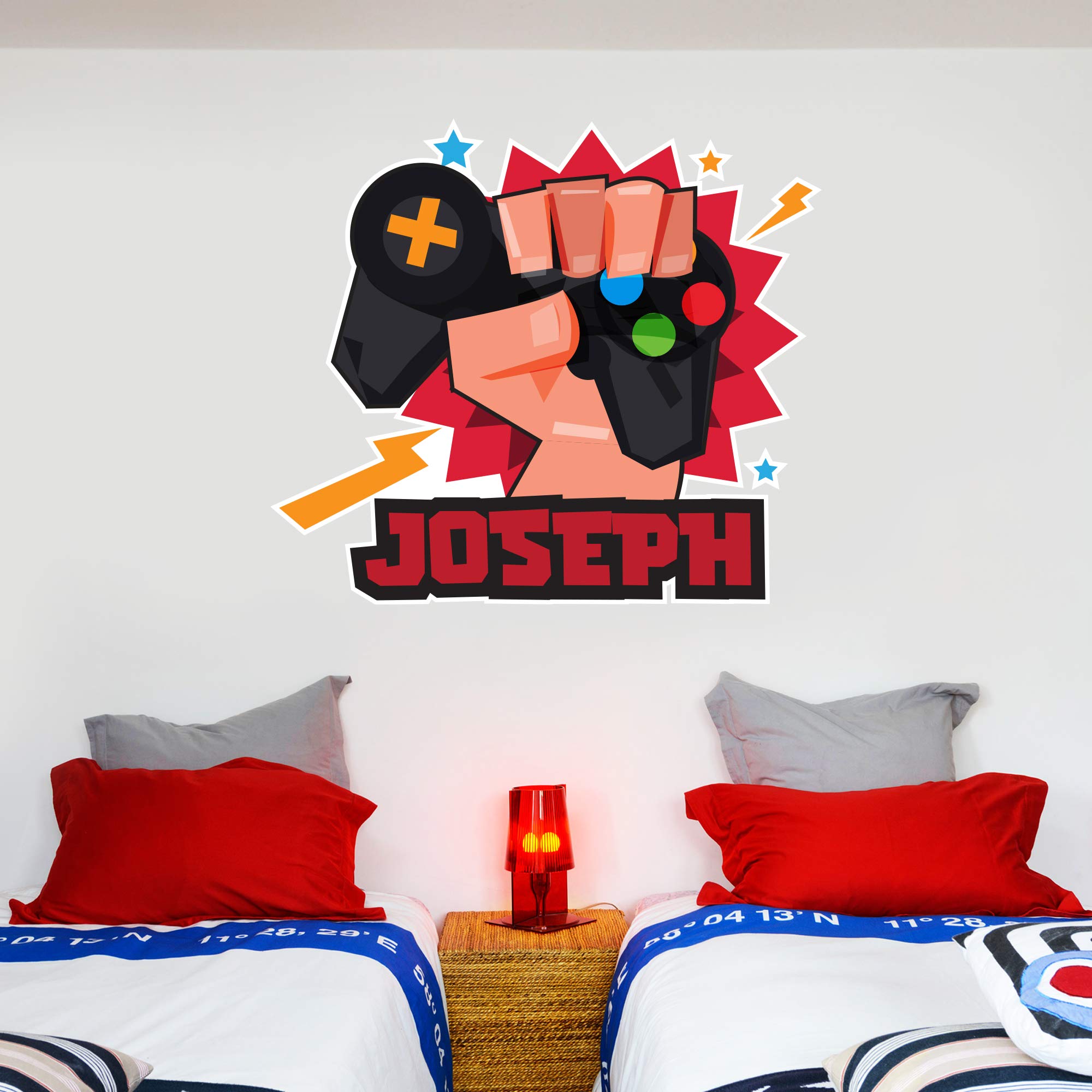 Beautiful Game Multicolor Gaming Controller In Fist Personalised Name Wall Sticker Gamer Bedroom Art Decal Mural Kids (60Cm Width X 50Cm Height)