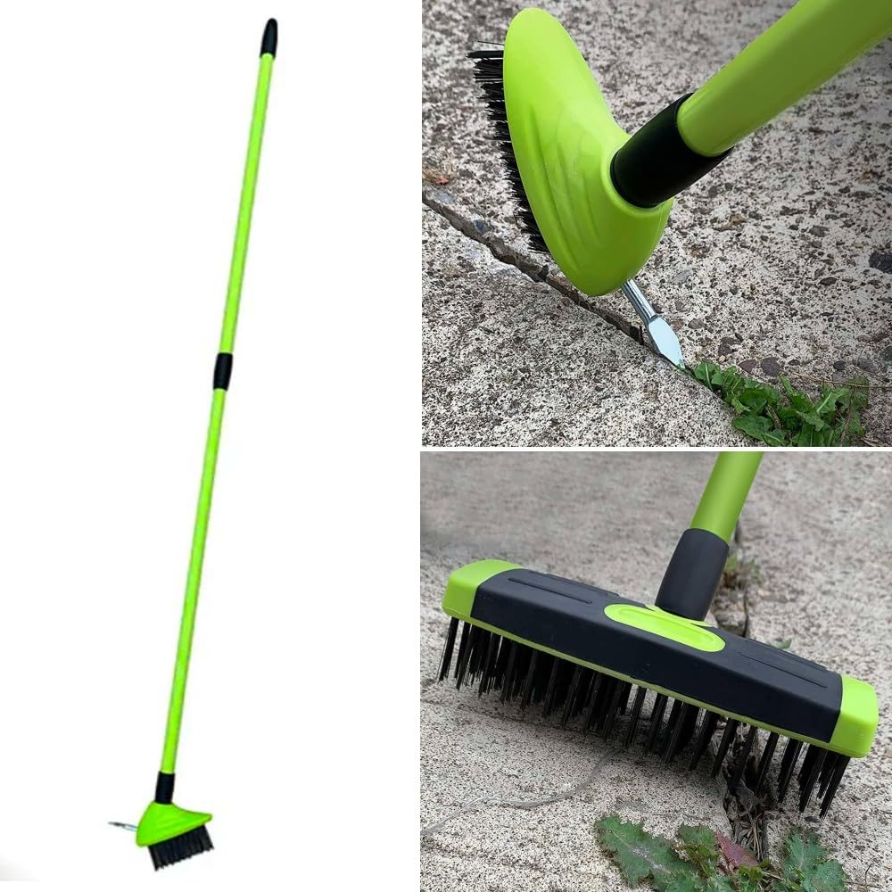 Kaynur Green/Black 3-In-1 Telescopic Weed Brush Broom Metal Scraper Clear Weeds, Moss, And Debris From Paving, Garden Paths, Patios, And Driveways Extendable Handle For Easy Cleaning
