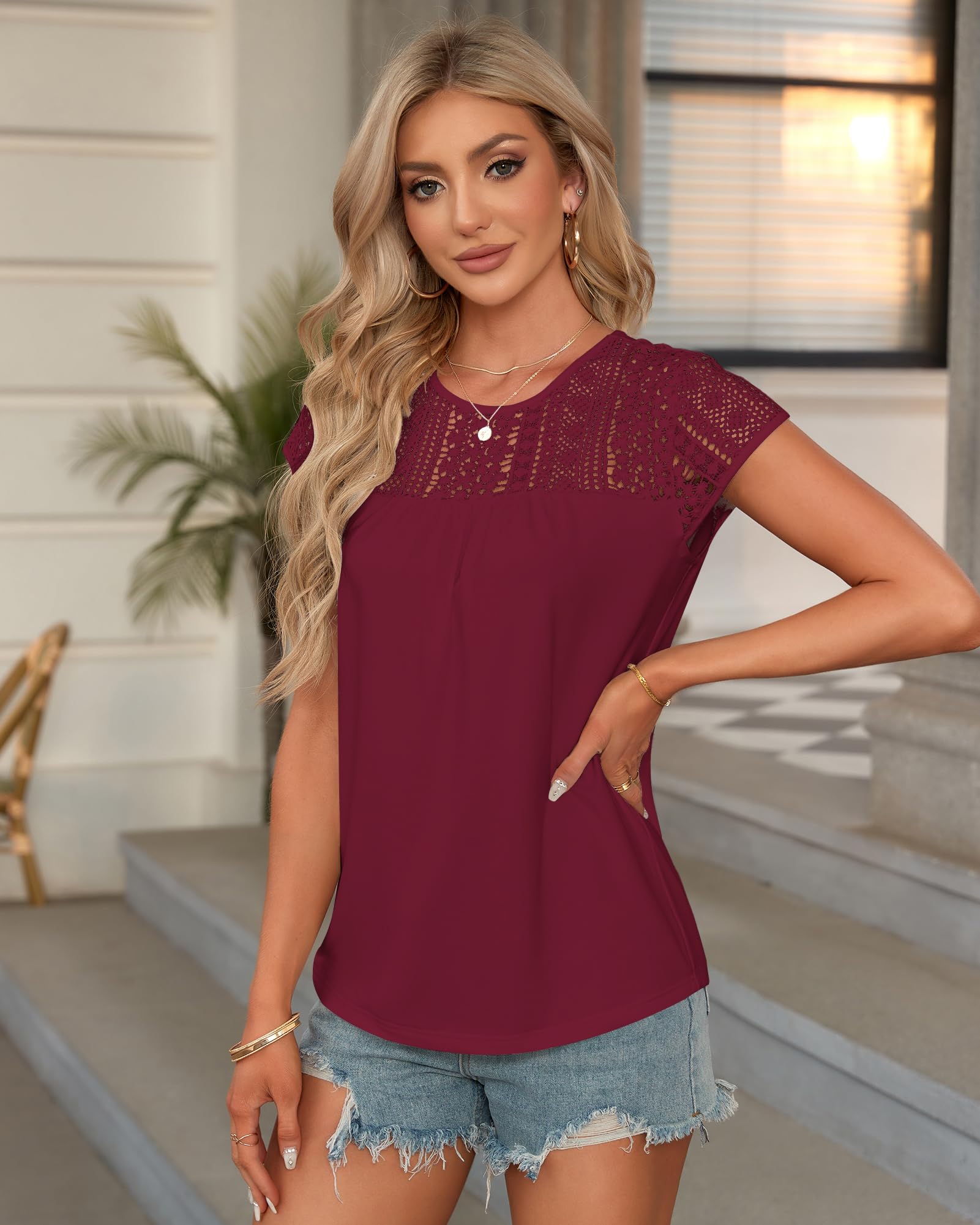WNEEDU Maglietta Donna Manica Corta Top in Pizzo Blusa Camicia Estiva Elegante T-Shirt
