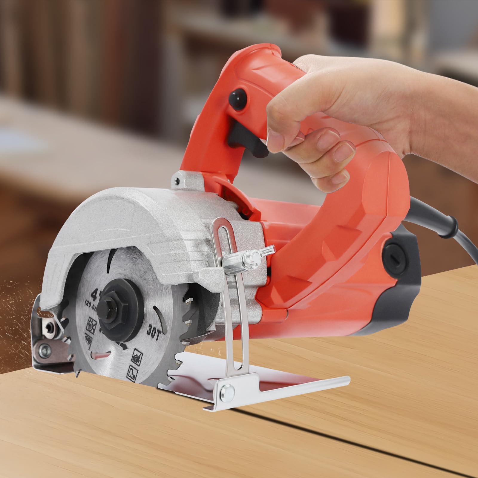 Tagliapiastrelle elettrico, sega circolare a mano, 1580 W, 110 mm, profondità di taglio 0-34 mm, angolo di inclinazione 0-45°, con 2 lame per legno e pietra, ideale per fai da te e costruzione