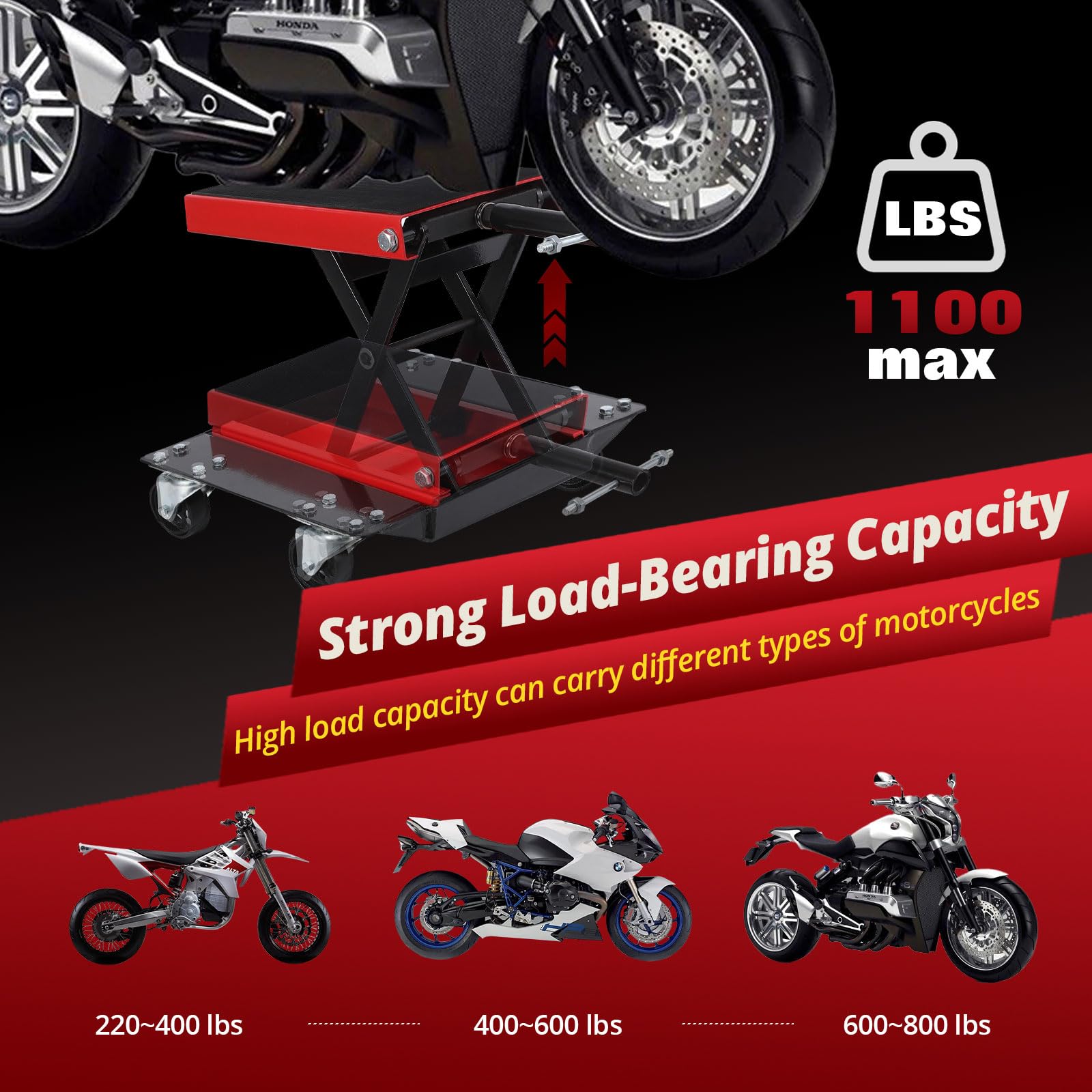 Garvee Cric élévateur Moto Robuste à Ciseaux avec roulettes–Capacité 500kg | Plateau large antidérapant–Goupilles de sécurité –Manivelle centrale–Pour motos, quads, dirt bikes – Facile à utiliser