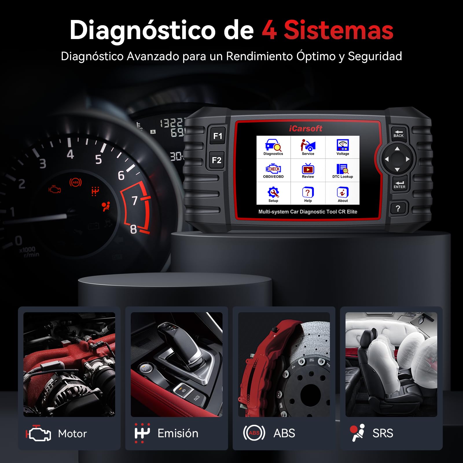 iCarsoft CR Elite OBD2 Máquina Diagnosis Coche Multimarca, Escáner de Coche para Motor, ABS, SRS y Transmisión, Detector Fallos Coche con 9 Funciones Reinicio, Prueba de Batería