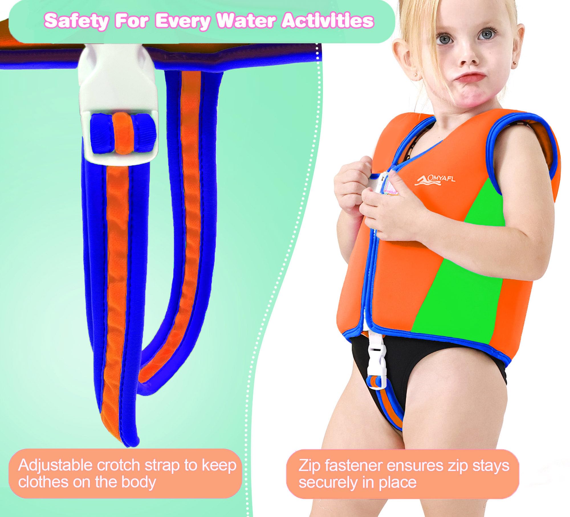 OMYAFL Toddler Swim Vest Kids Floaties Boys Girls Swim Float Jacket Buoyancy Swimwear (Orange/Green, Small(1-2yrs/22-33lbs))