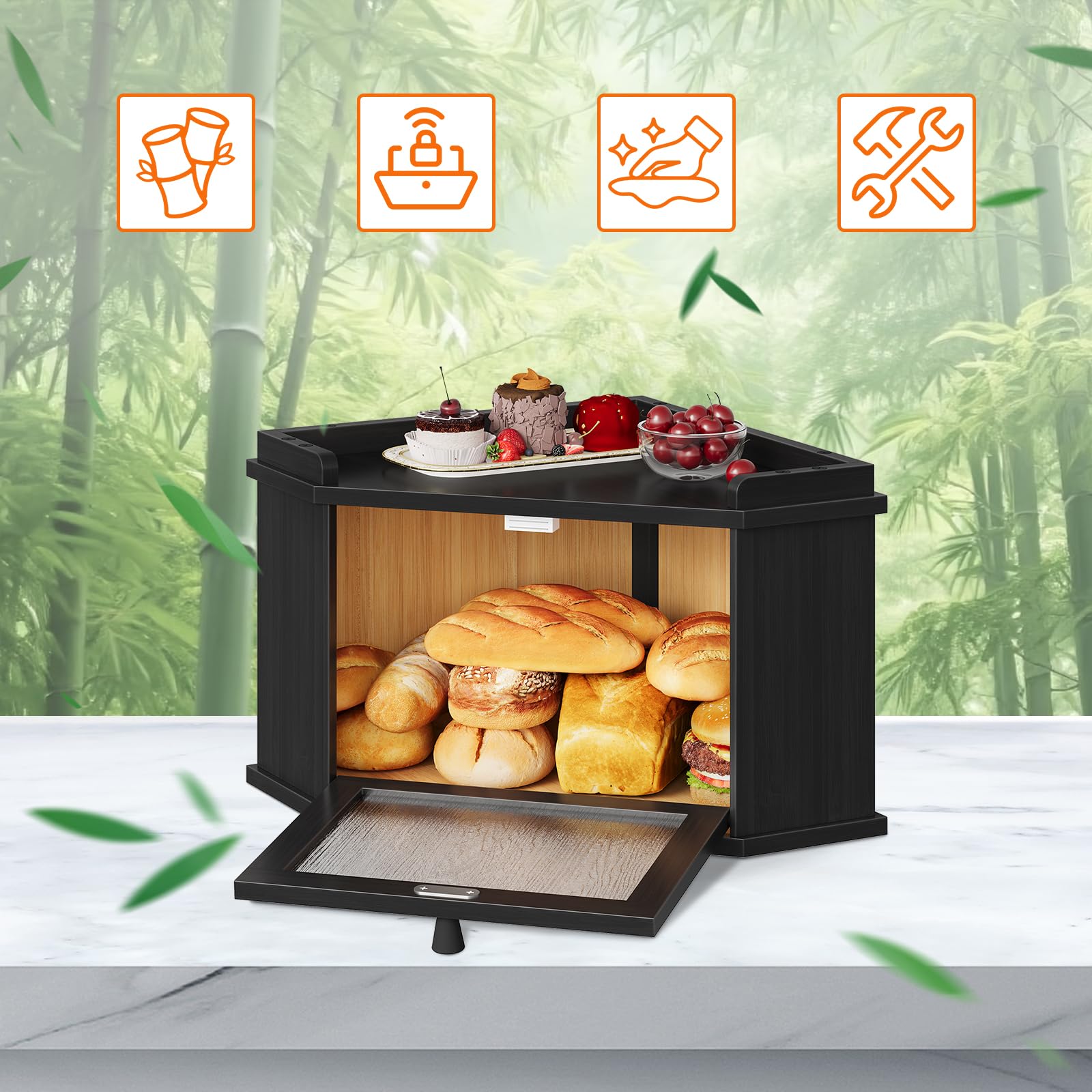 HOOBRO Panera Esquinera de Bambú con Diseño de Ondas de Agua, Caja de Almacenamiento de Pan, para Alimentos, para Cocina y Comedor, 32 x 32 x 24 cm, Negro EBK18MB01