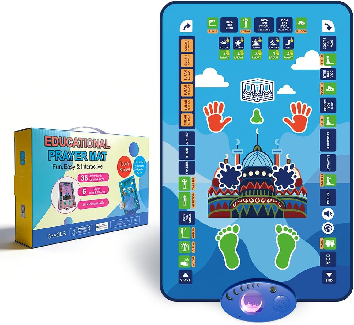 Salah Mat for child, Interactive Prayer & Reverts Learning Surahs, Salah, Duas, & More - Muslim Prayer Rug with 36 Touch Keys, 7 speaking language, Padded Prayer Mat Layer, & Speaker for Ages 8+