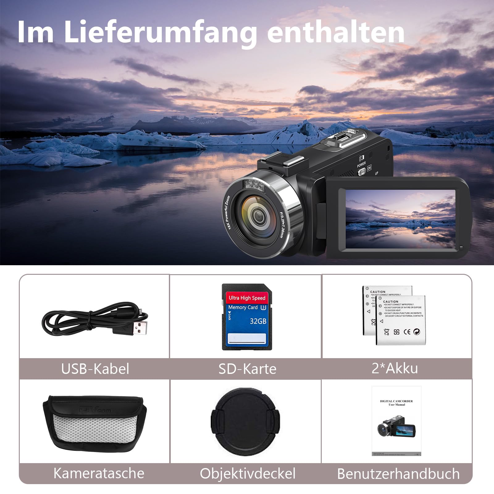 Videokamera 4K Camcorder HD 80MP IR-Nachtsicht Vlogging Kamera für YouTube, Webcam Camera mit 18-Facher Digitalzoom, 3.0’’ 270° Drehung IPS Bildschirm 30FPS Videokamera mit 32GB SD-Karte und 2 Akkus